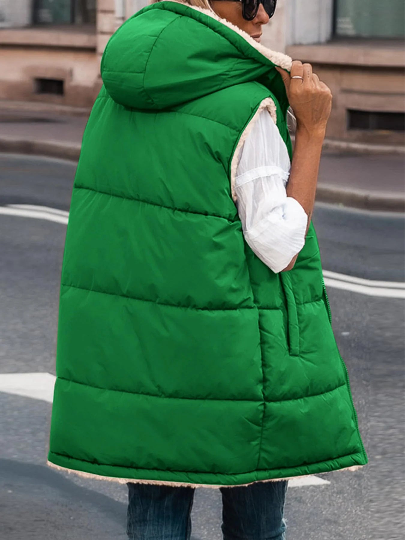 Womens Fall Reversible Vests Sleeveless Fleece Jacket Zip Up Hoodie Pockets Long Warm Winter Coat Outerwear