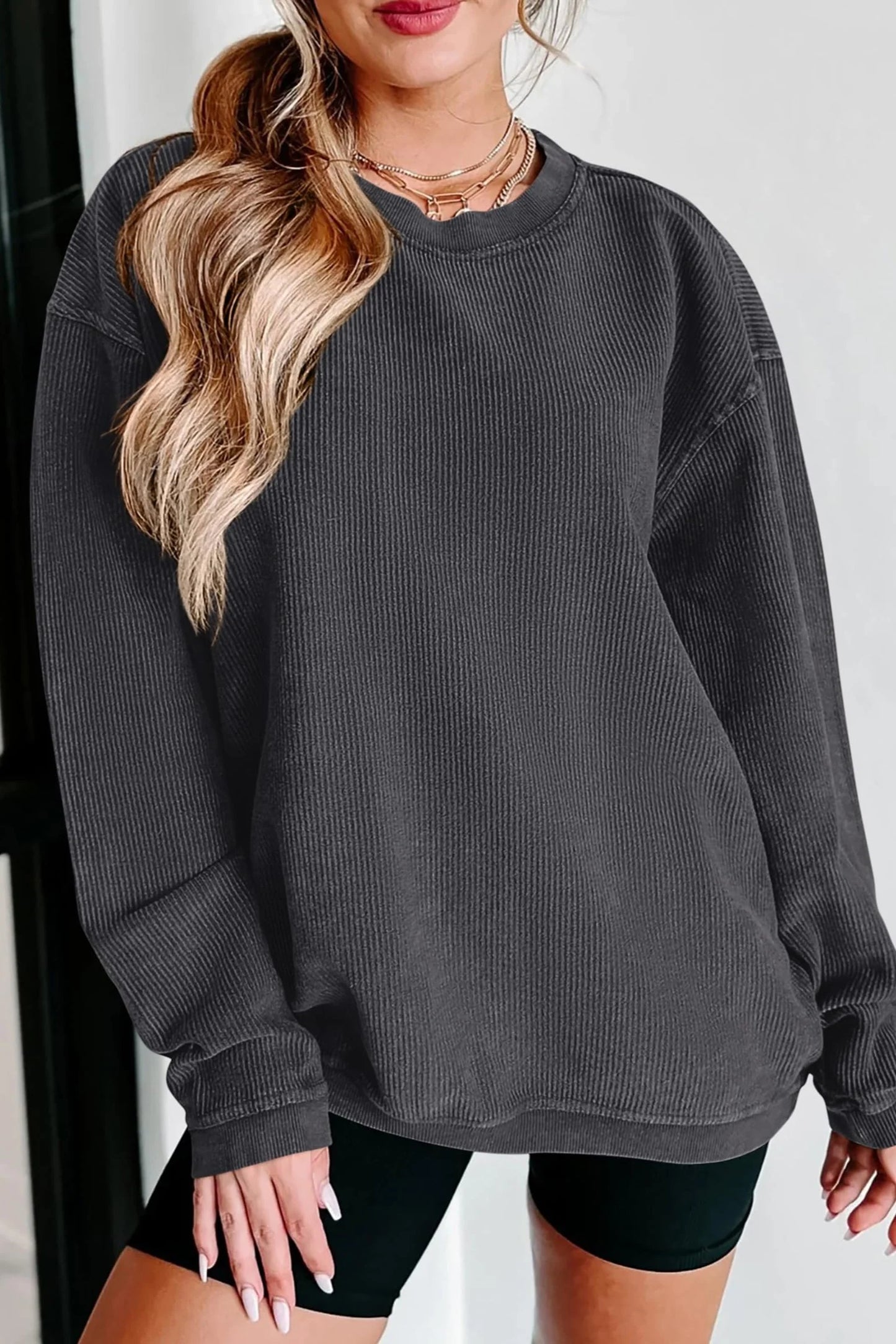 Women's Oversized Sweatshirt 2025 Fall Fashion Clothes Ribbed Corduroy Long Sleeve Going Out Pullover Tops