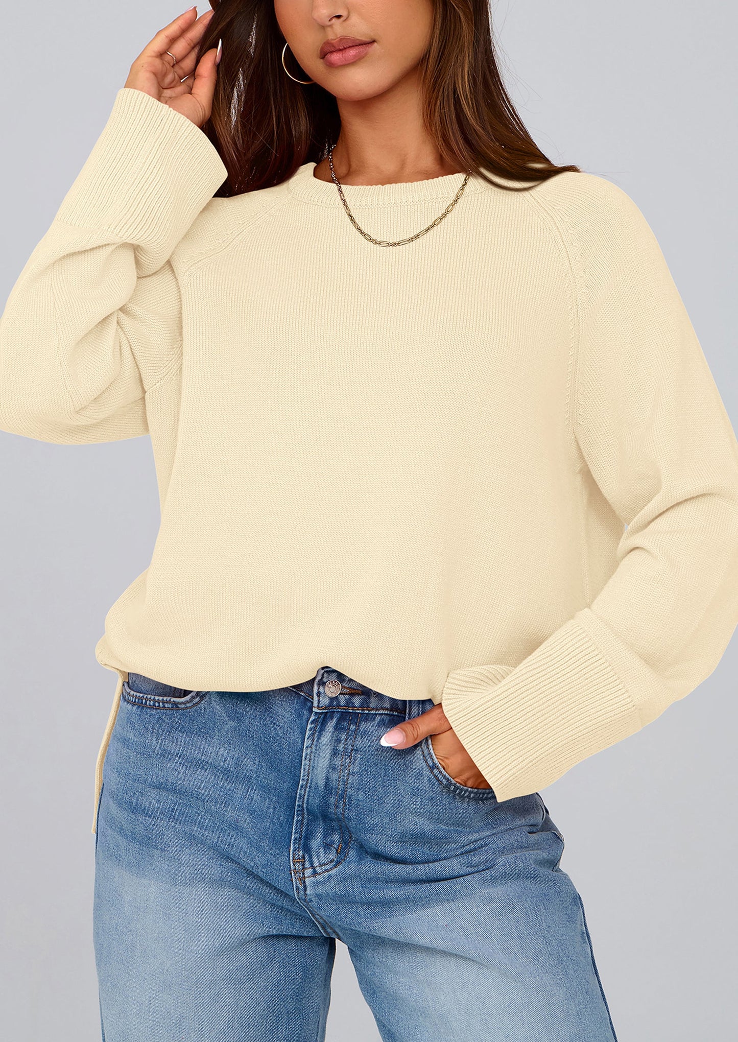 Women's Knit Fall Sweaters Long Sleeve Pullover Crewneck Split Hem Oversized Tunic Sweater Tops Winter Clothing