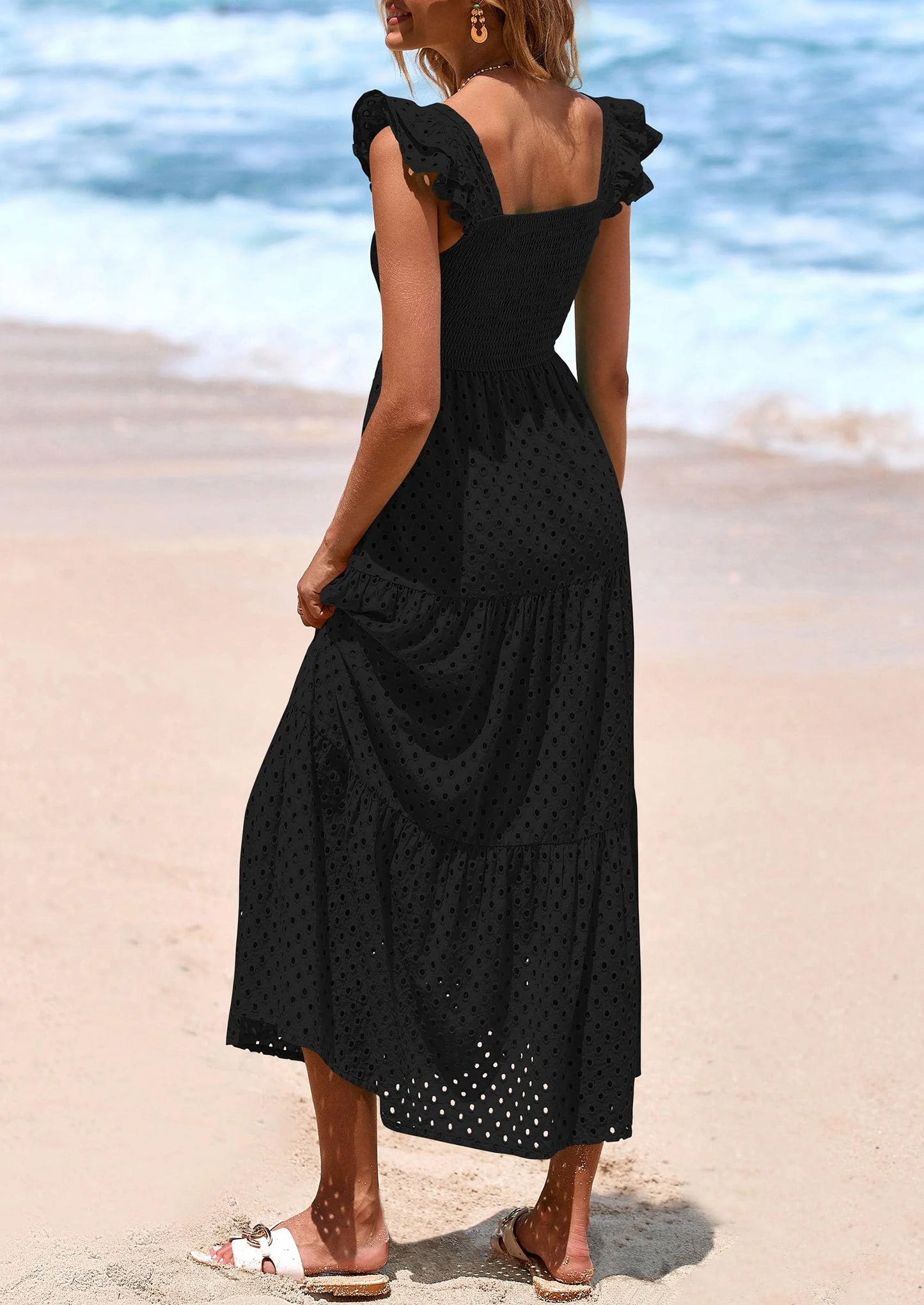 Womens Square Neck Maxi Dresses Cap Sleeve Eyelet Smocked Tiered A Line Flowy Long Dress with Pockets