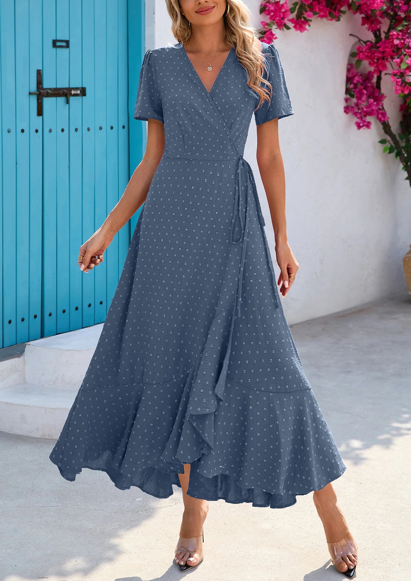 Women's Summer Maxi Dress Casual Wrap Floral Boho Short Sleeve V Neck Split Ruffle Beach Long Dresses