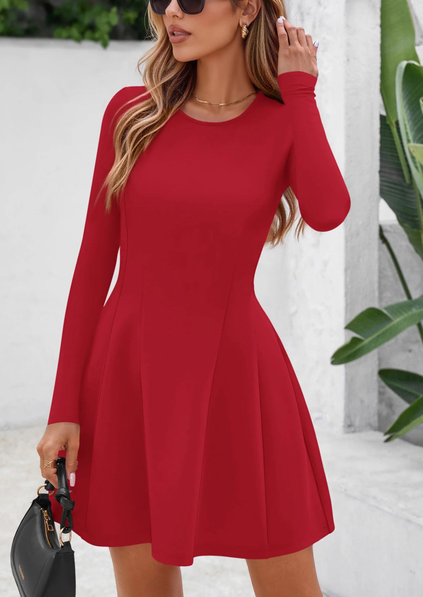 Long Sleeve Mini Dress for Women Fall Crewneck Knit Pleated Babydoll A Line Soft Casual Short Party Dresses