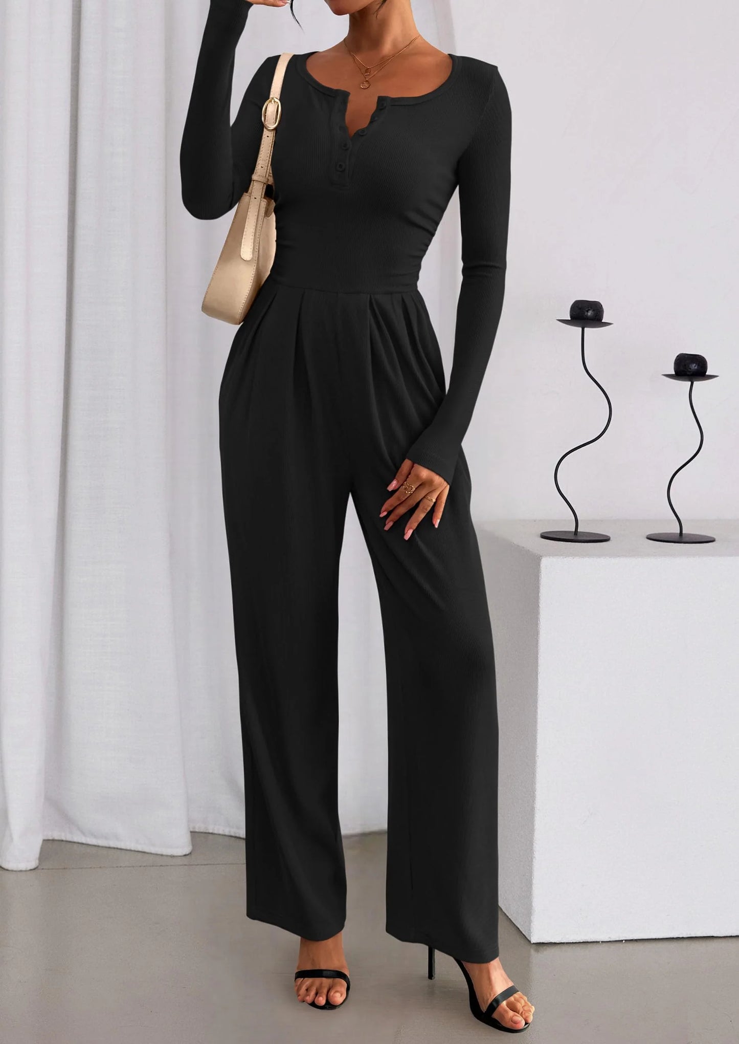 Jumpsuits for Women Dressy Casual Fall One Piece Outfits Long Sleeve Crew Neck Wide Leg Pants Rompers