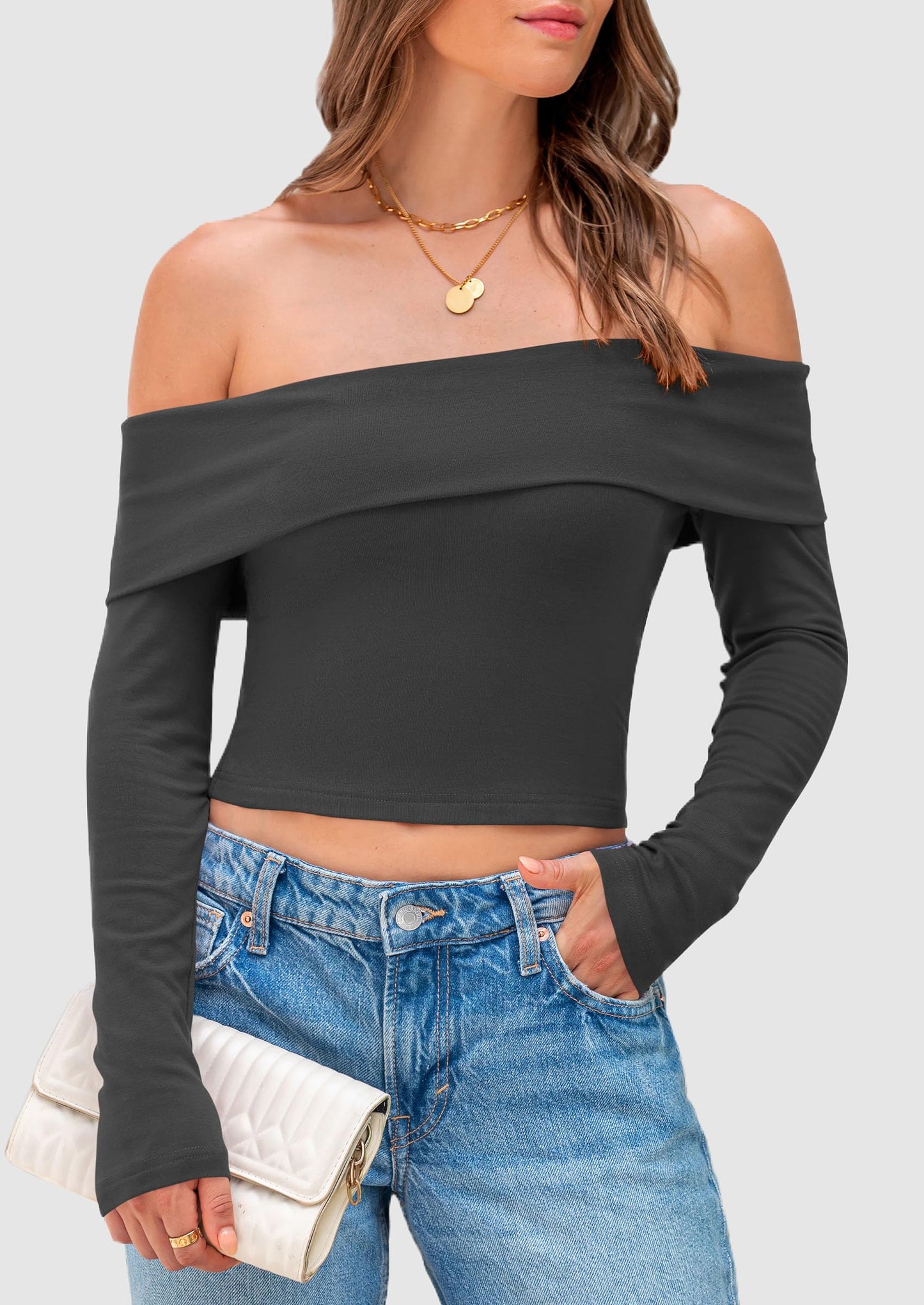 Off The Shoulder Tops for Women Long Sleeve Shirts Trendy Going Out Crop Top Spring Fashion Clothes