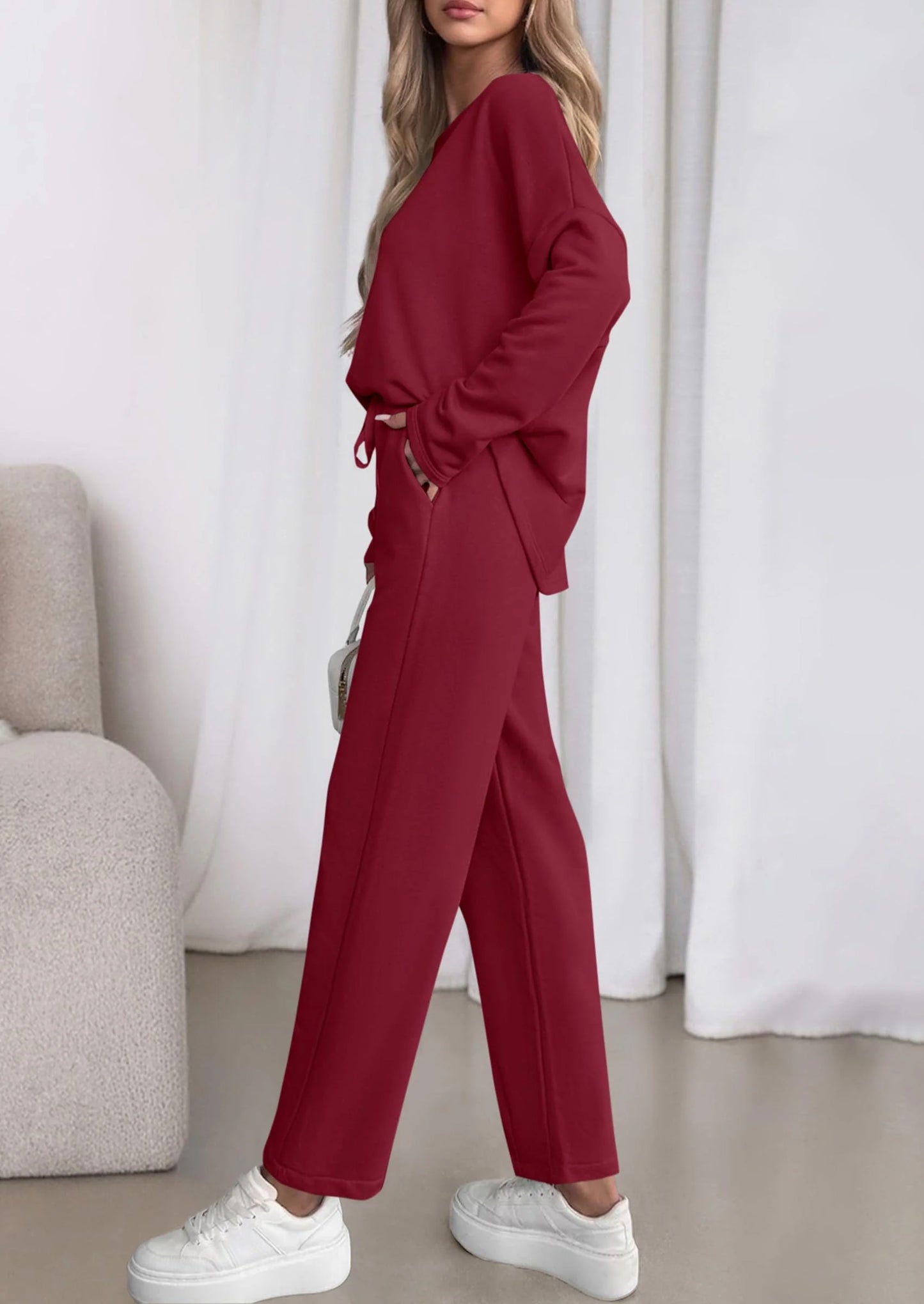 Womens 2 Piece Matching Lounge Sets Fall Long Sleeve Boatneck Sweatsuit Drawstring Sweatpants Pockets