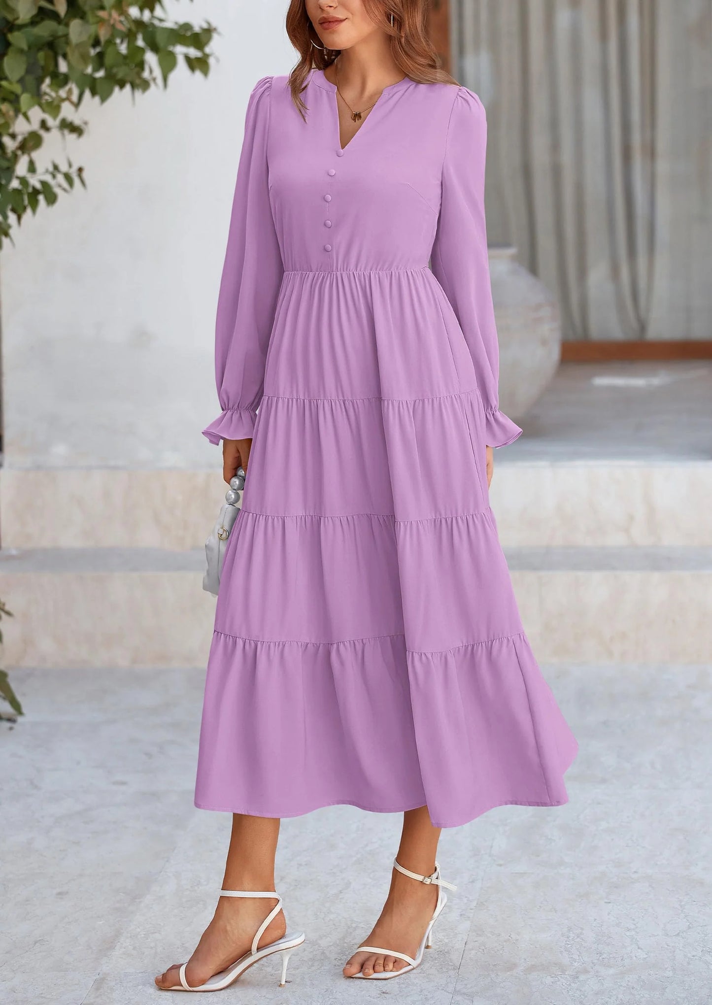 Women Fall Long Sleeve Smocked Maxi Dress Casual Square Neck Swiss Dot Tiered Ruffle Flowy Spring Pocket Dresses