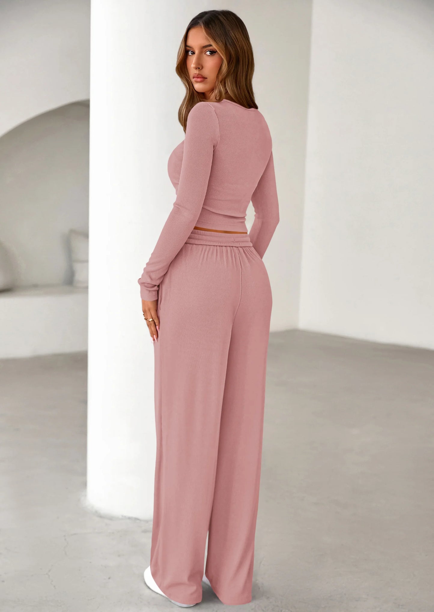 Women's Fall Trendy 2 Piece Outfits Lounge Sets Long Sleeve Top Henley Shirts Wide Leg Pants Travel Clothes