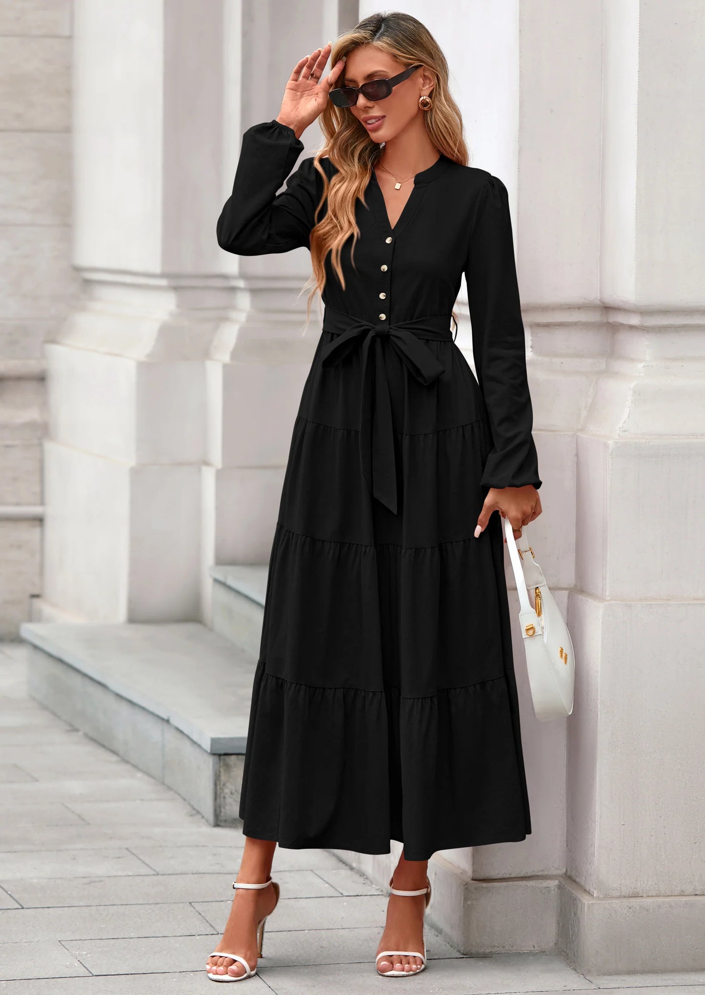 Fall Dresses for Women Long Sleeve V Neck Belted Ruffle A Line Flowy Boho Maxi Wedding Guest Dress Pockets