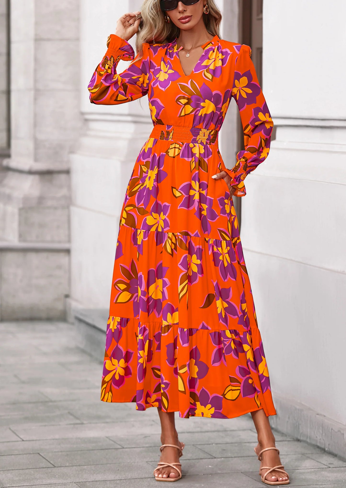 Women's Floral Maxi Dress Spring Long Sleeve V Neck Casual A Line Long Flowy Boho Party Dresses
