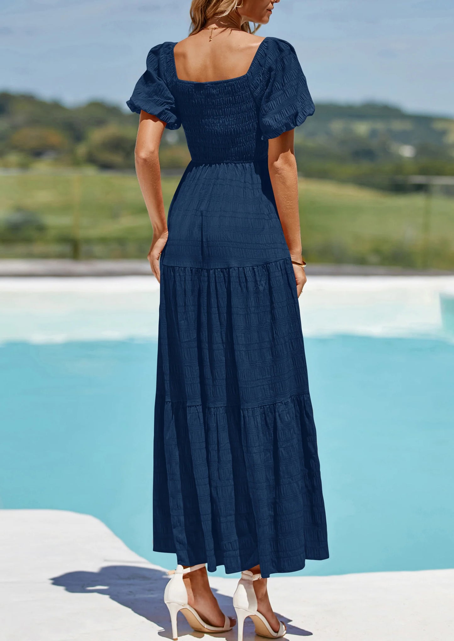 Womens Summer Puff Short Sleeve Maxi Dress Square Neck Smocked Tiered Ruffle A Line Long Flowy Beach Dresses