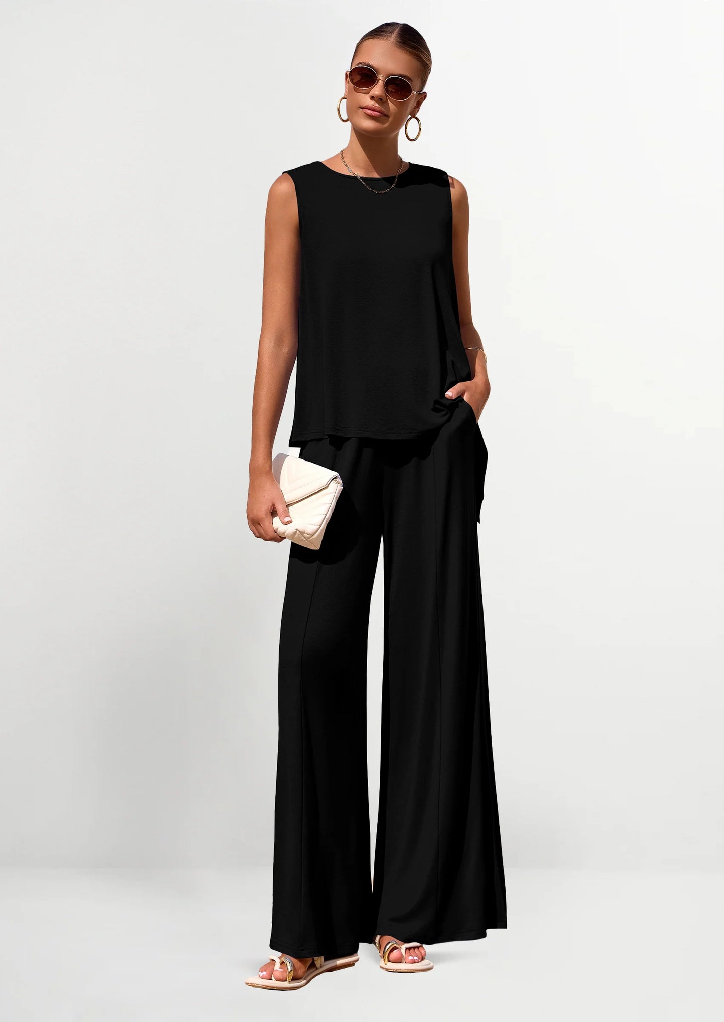 Women's Two Piece Matching Lounge Sets Asymmetrical Split Tank Tops Wide Leg Pants Summer Outfits Tracksuit