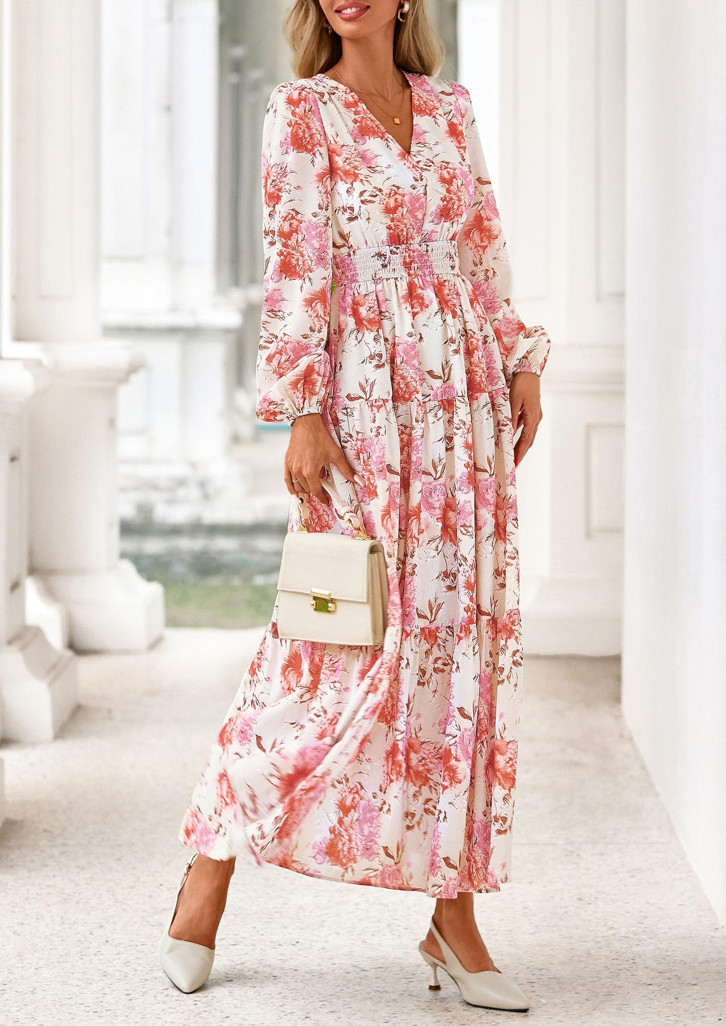 Long Sleeve Maxi Fall Dresses for Women Vneck Smocked Boho Floral Tiered Swing Flowy Wedding Guest Dress