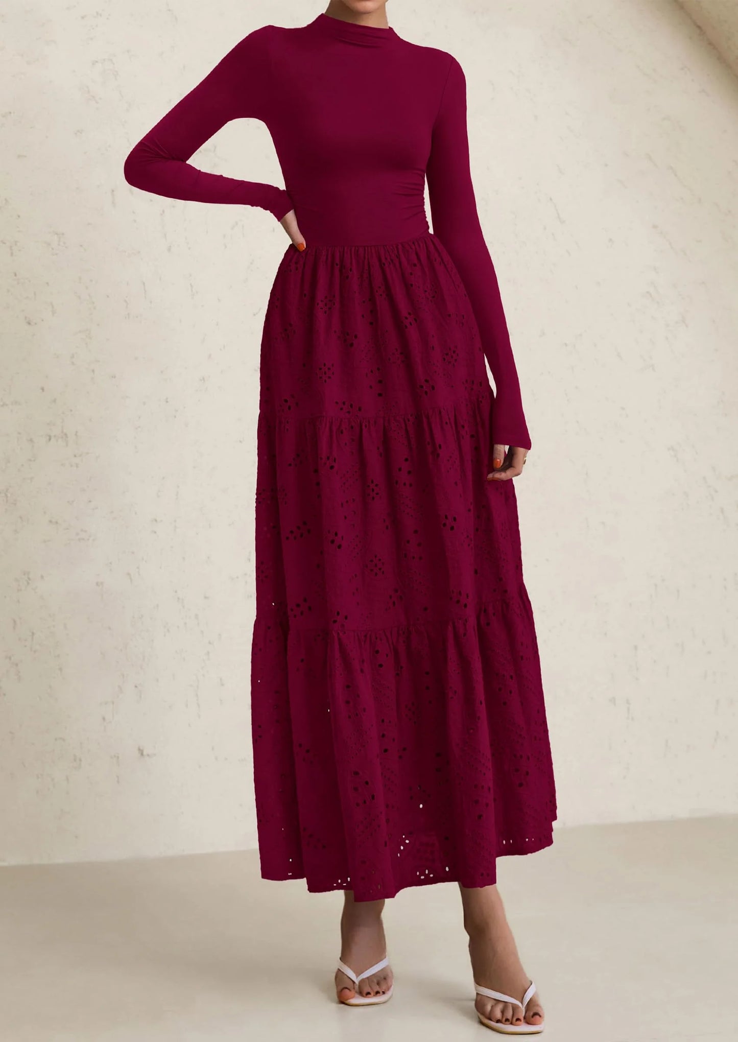 Long Sleeve Dress for Women Fall Eyelet Mock Neck A Line Elegant Classy Maxi Wedding Guest Dresses Pockets