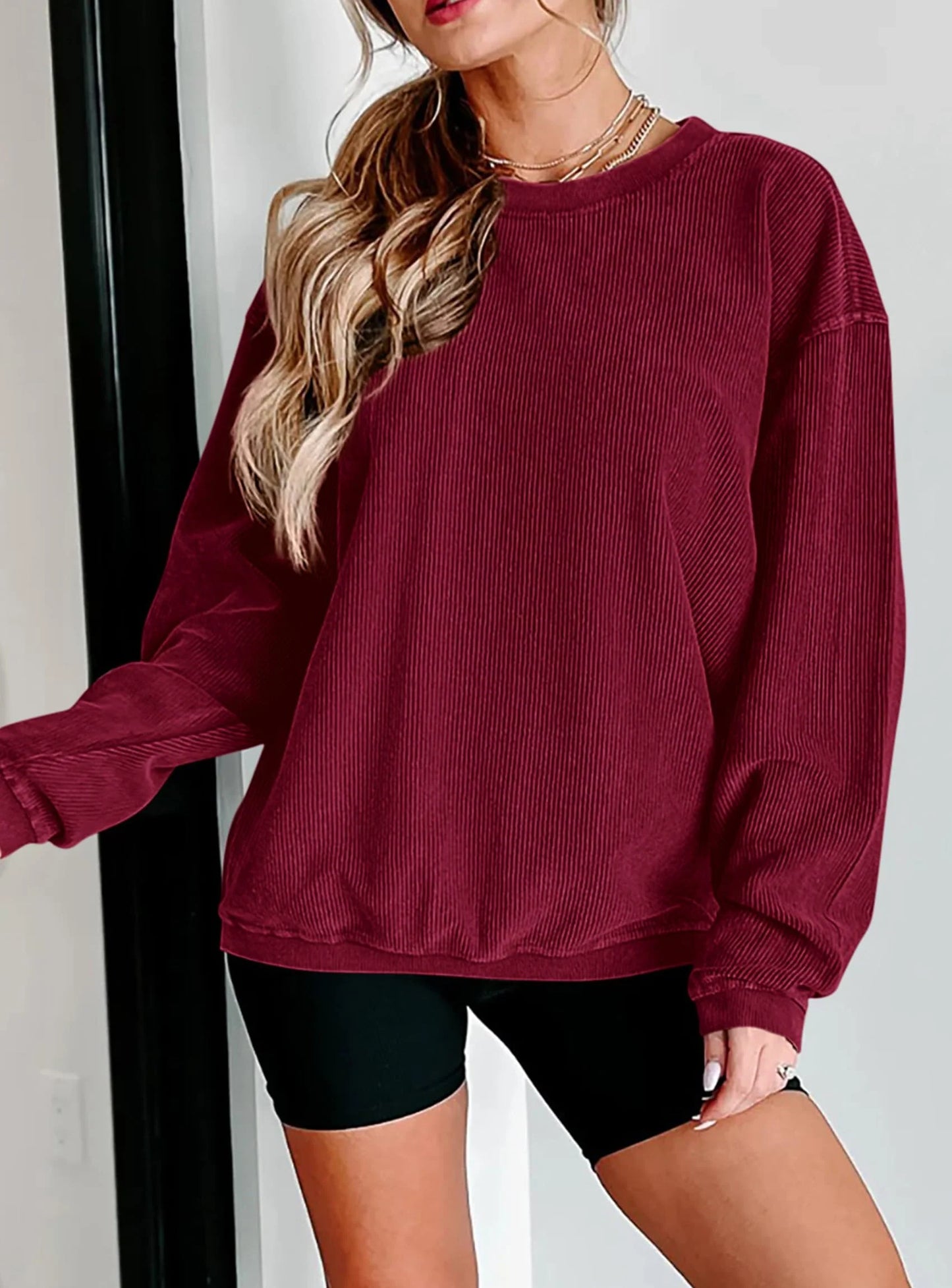 Women's Oversized Sweatshirt 2025 Fall Fashion Clothes Ribbed Corduroy Long Sleeve Going Out Pullover Tops
