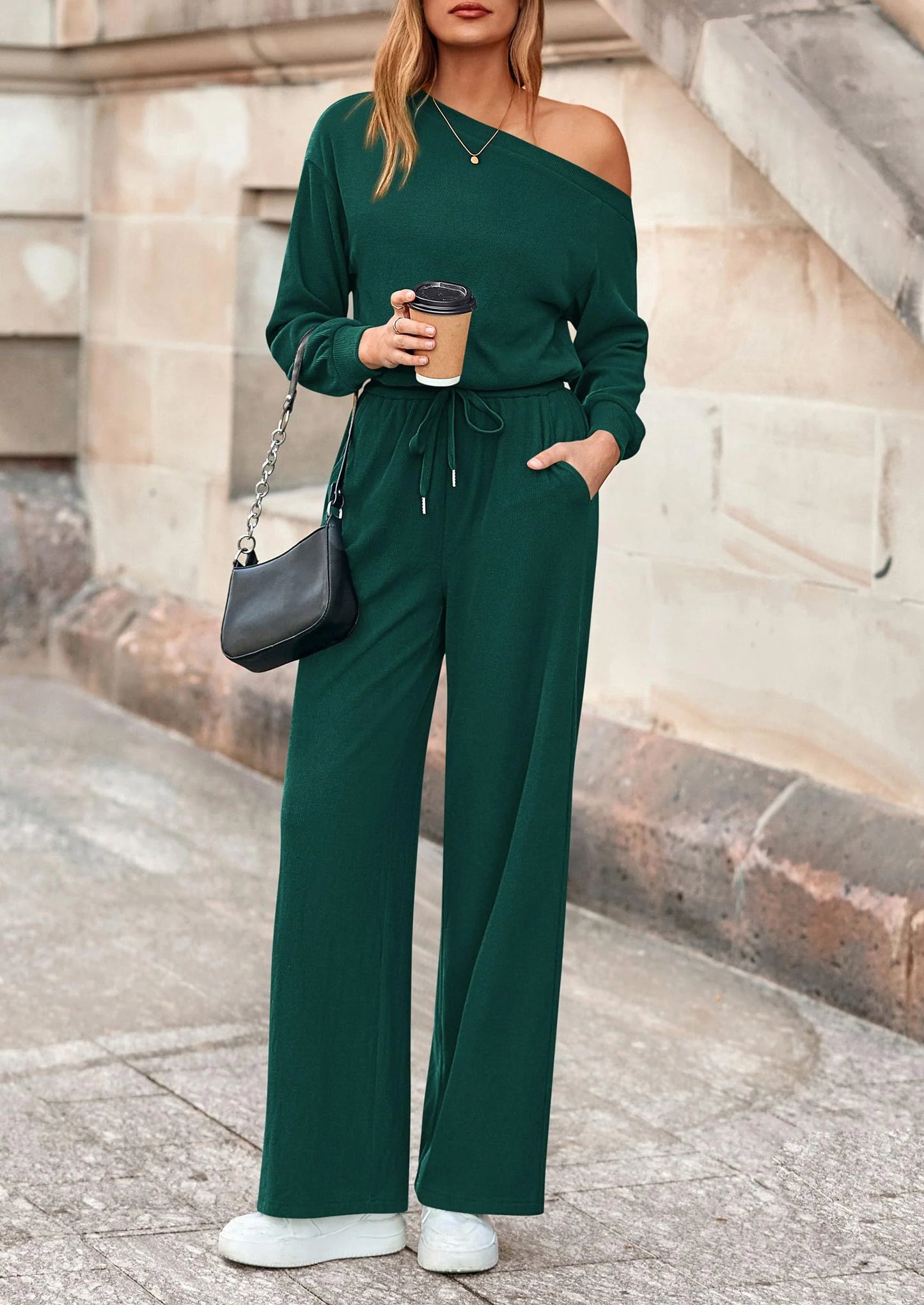 Long Sleeve Jumpsuit For Women Dressy Off Shoulder One Piece Loose Wide Leg Jumpsuits Casual Flowy Romper