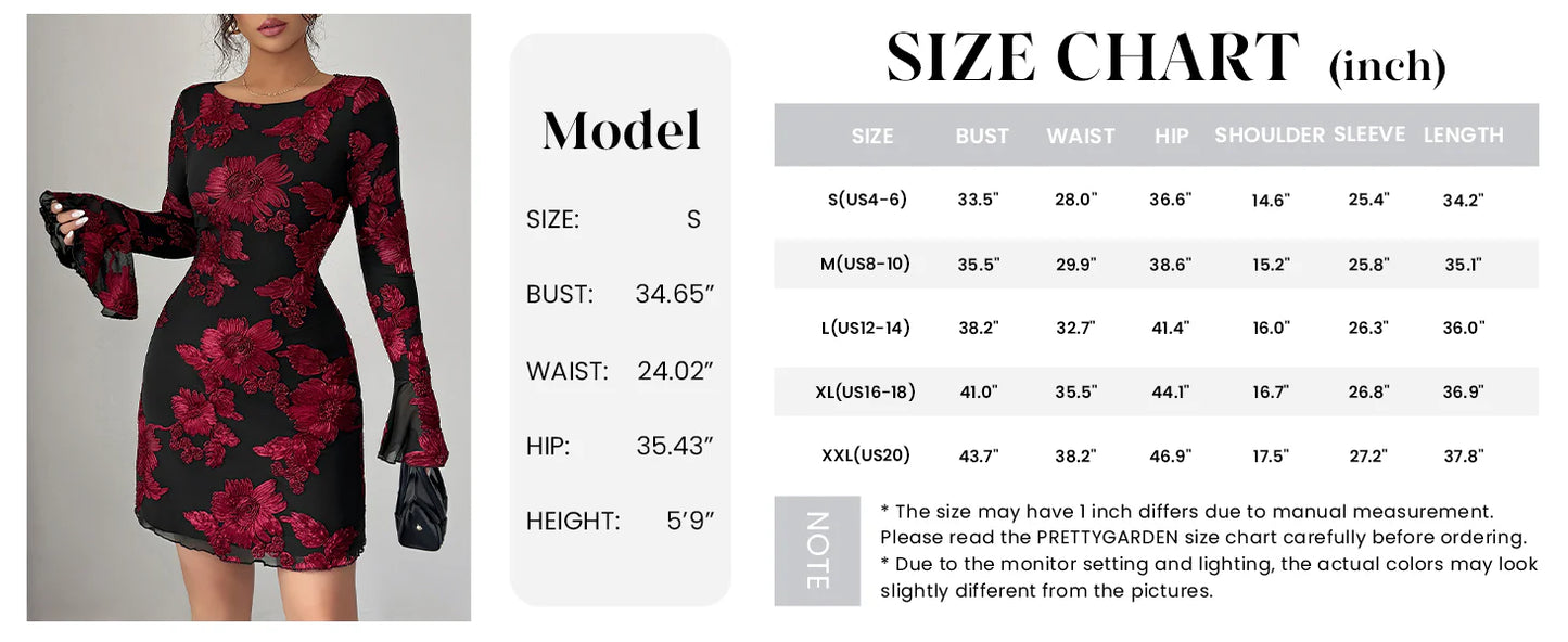 Women's Floral Embroidered Dress Fall Long Bell Sleeve Ribbon Flower Mini Short Mesh Bodycon Party Dresses