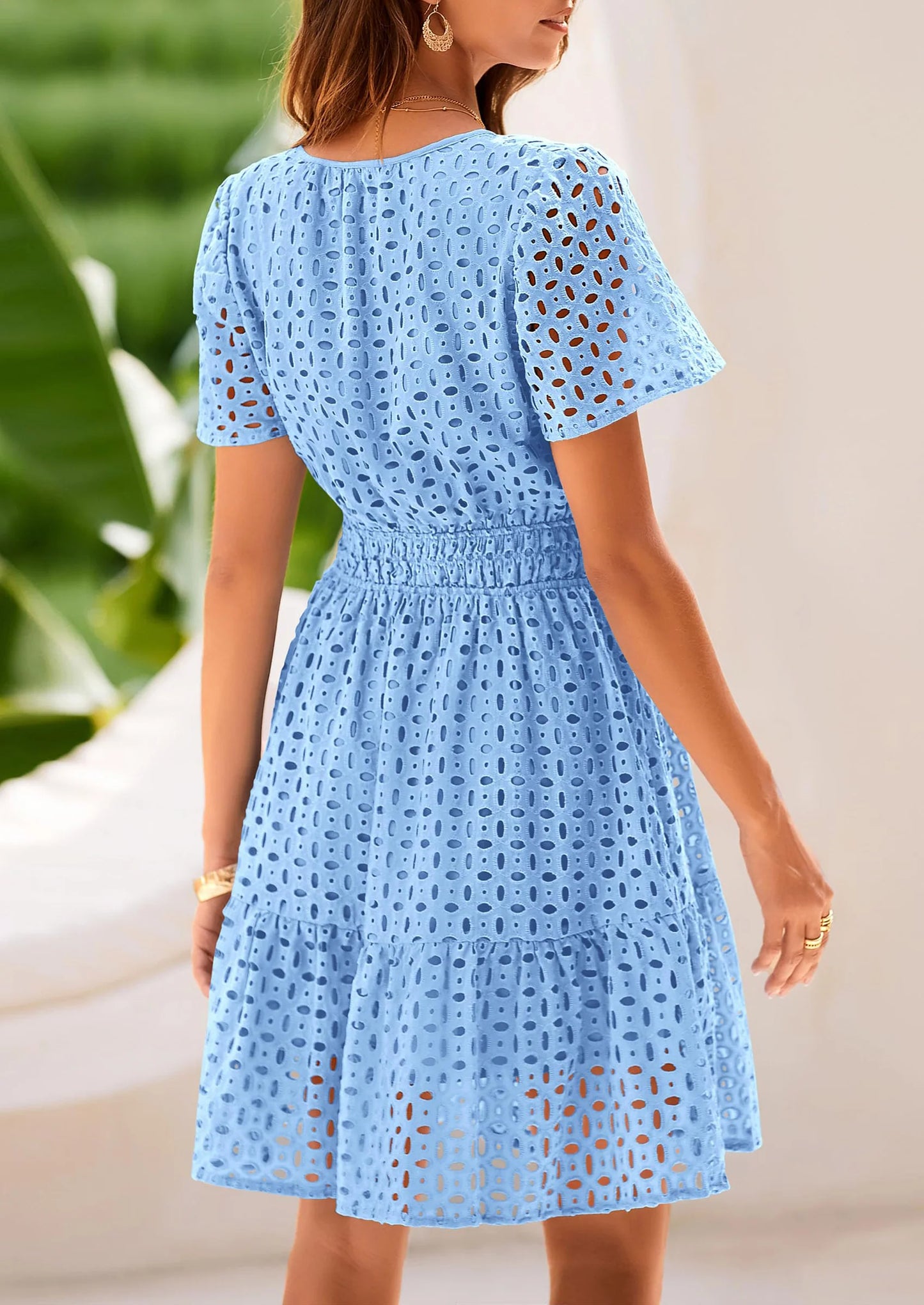 Women Summer Short Dress V Neck Short Sleeve A Line Hollow Out Lace Ruffle Cute Casual Beach Party Dresses