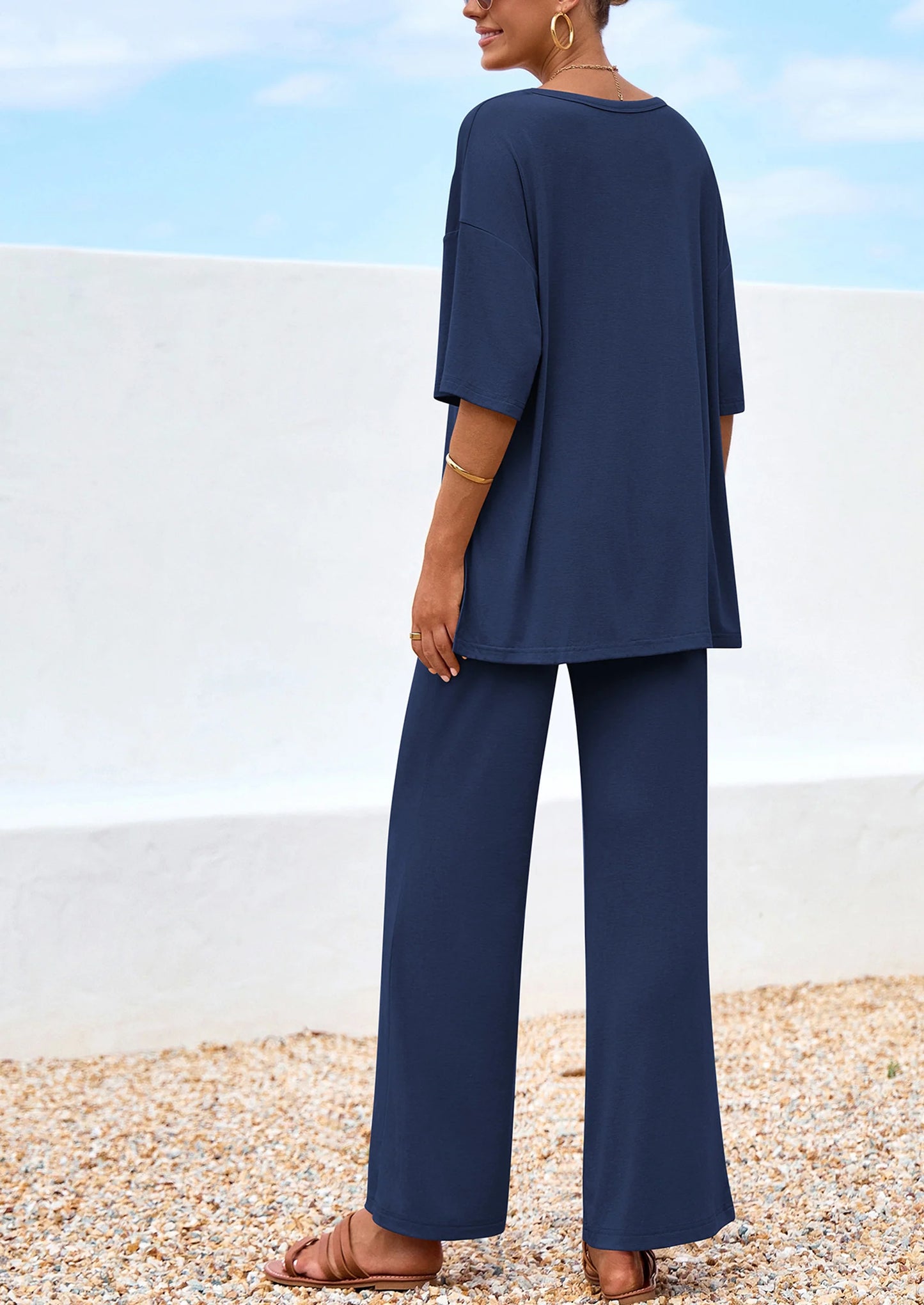 Women's 2 Piece Outfits Summer Casual V Neck Short Sleeve Tops Wide Leg Pants Matching Lounge Sets