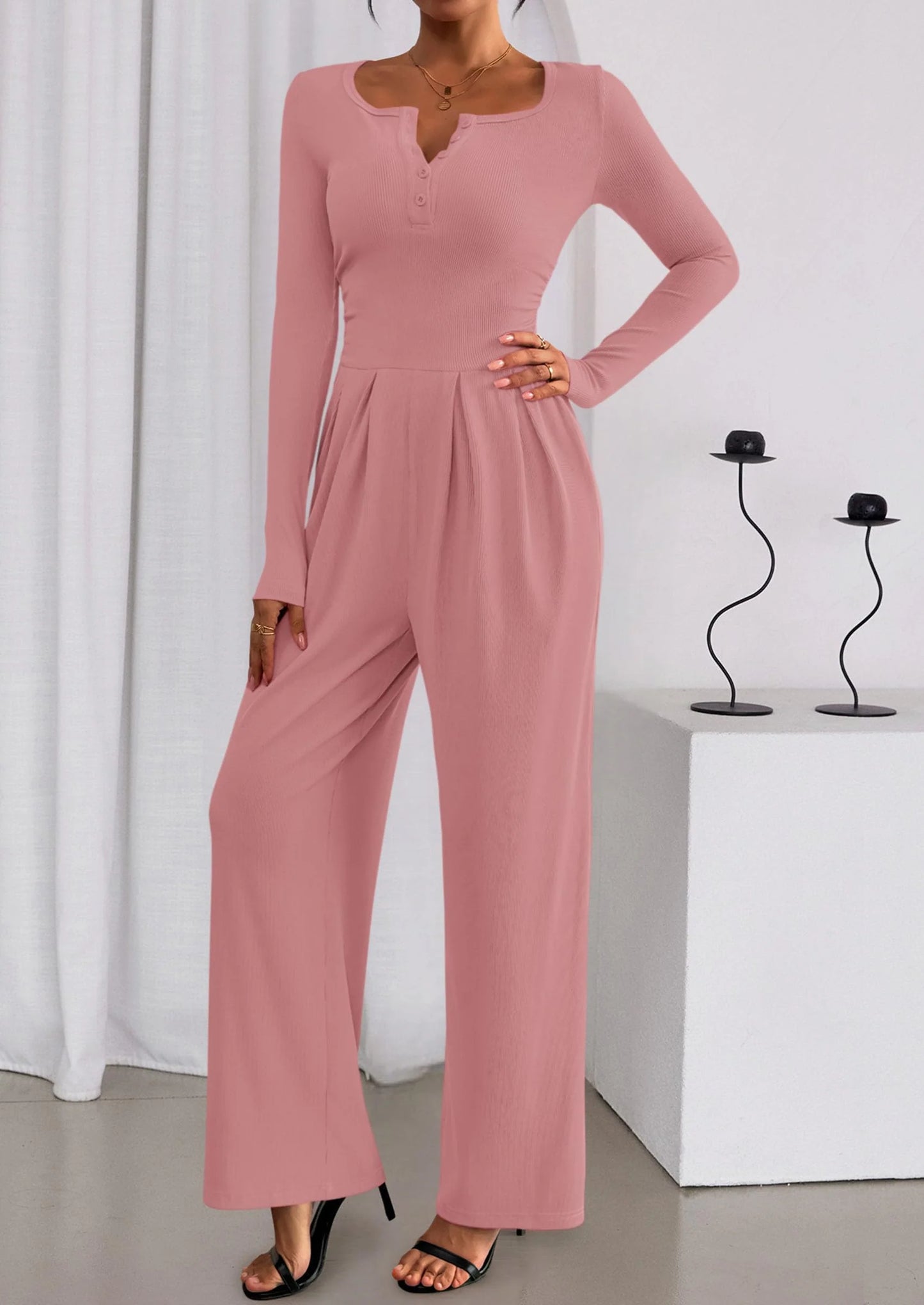 Jumpsuits for Women Dressy Casual Fall One Piece Outfits Long Sleeve Crew Neck Wide Leg Pants Rompers