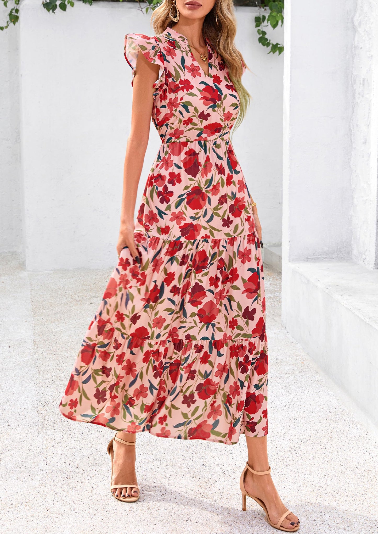 Women's Summer Floral Midi Dress Cap Sleeve V Neck Ruffle Long Flowy Boho Casual Beach Vacation Dresses