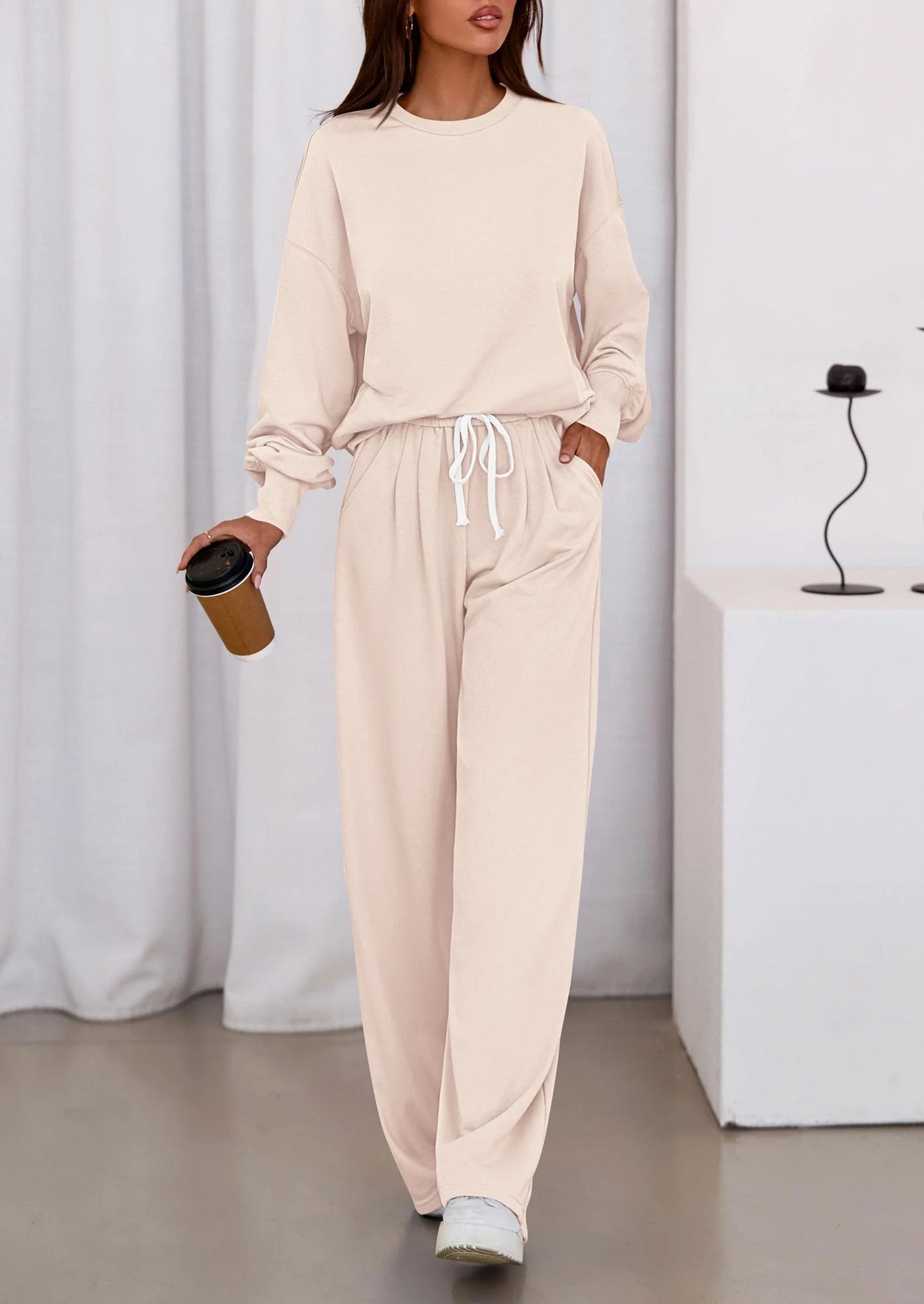 Womens 2 Piece Sets Long Sleeve Sweatshirt Wide Leg Pants Loose Matching Lounge Set Trendy Fall Outfits