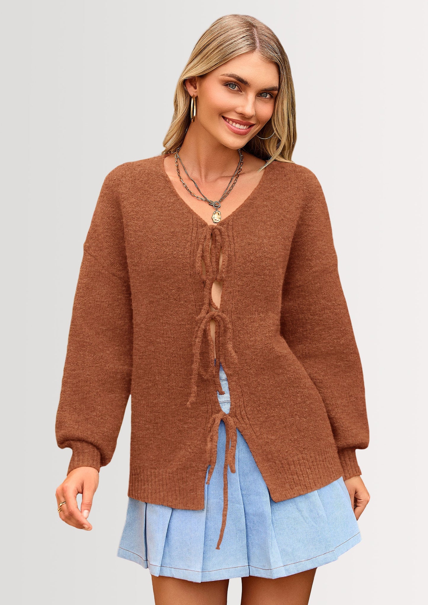 Women's Tie Front Bow Cardigan Sweaters Chunky Knit Long Puff Sleeve Trendy Fall Winter Jacket Coats