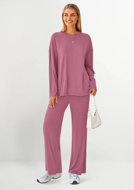 Women's Two Piece Lounge Sets Matching Long Sleeve Shirts Wide Leg Pants Tracksuits Travel Outfits Fall Clothes