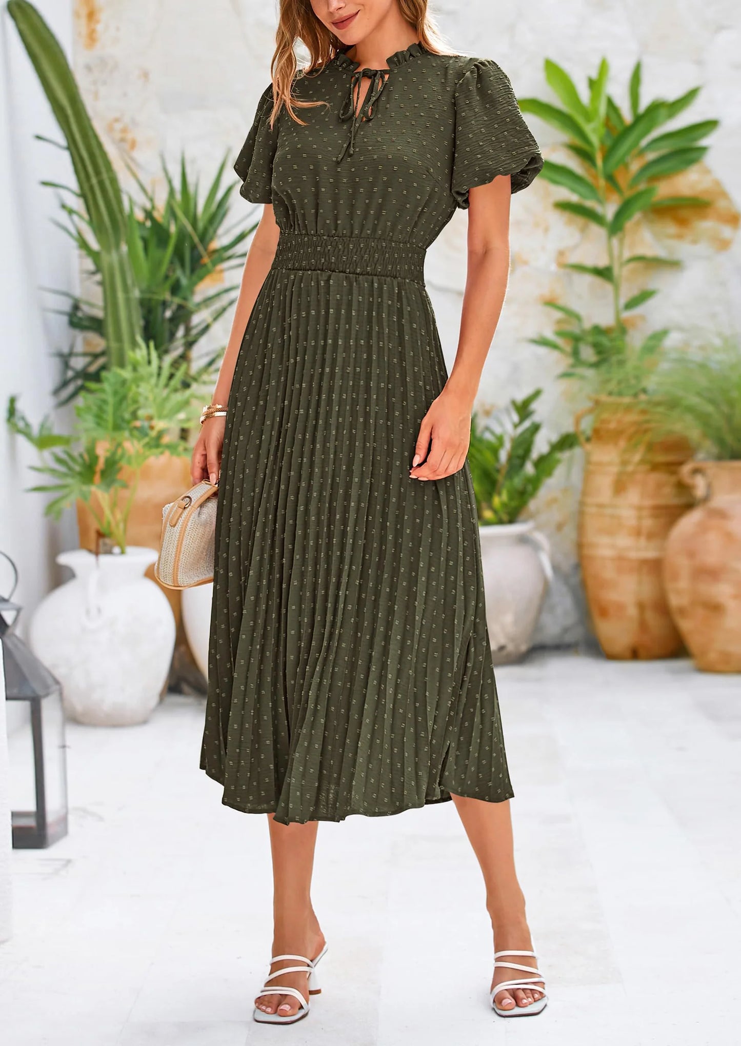 Womens Midi Dresses Puff Short Sleeve V Neck Swiss Dot Pleated A Line Flowy Long Wedding Guest Dress