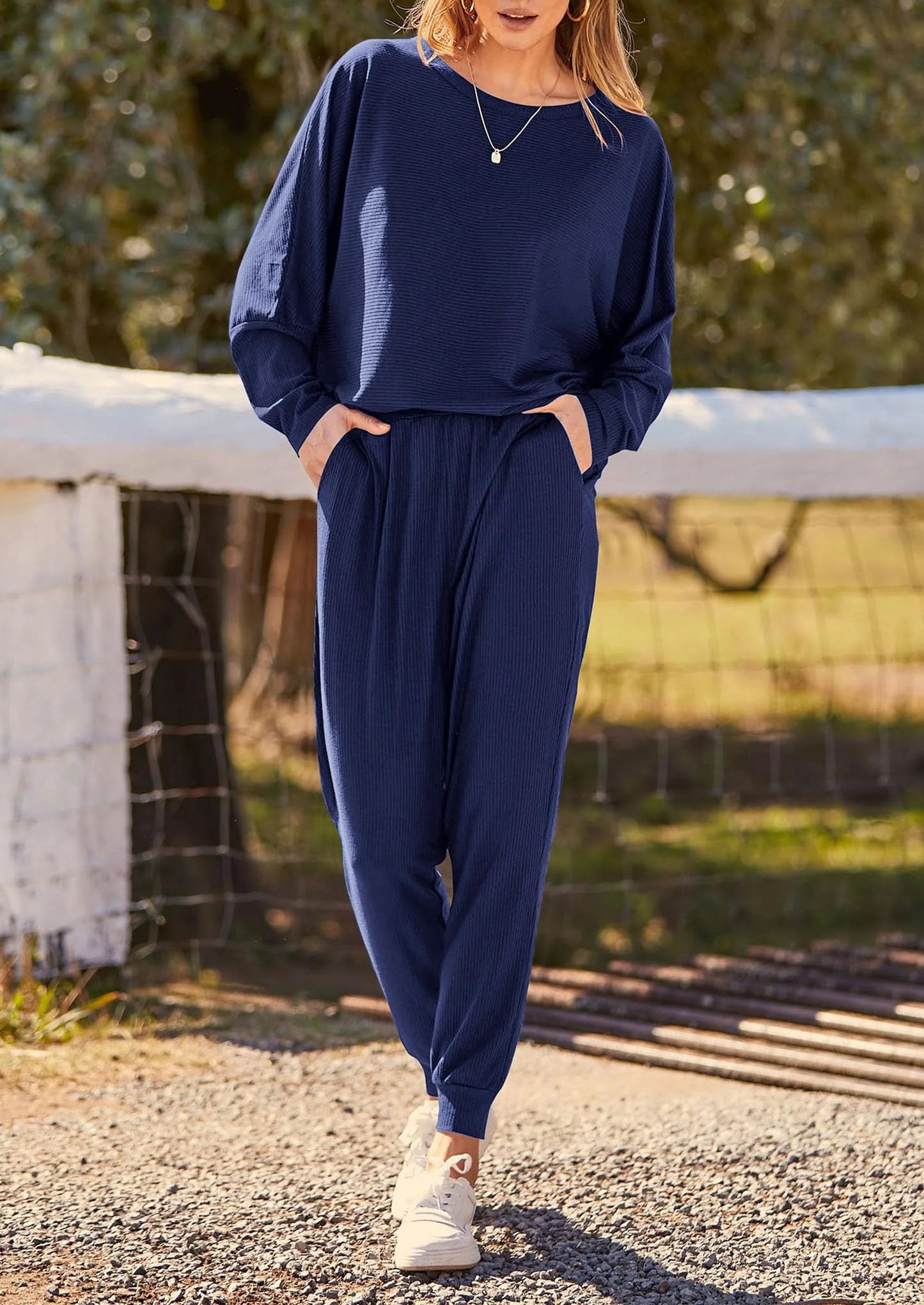 Women's Fall 2 Piece Lounge Set Long Sleeve Tops Ribbed Pants Spring Matching Sweatsuit Travel Outfits Clothes