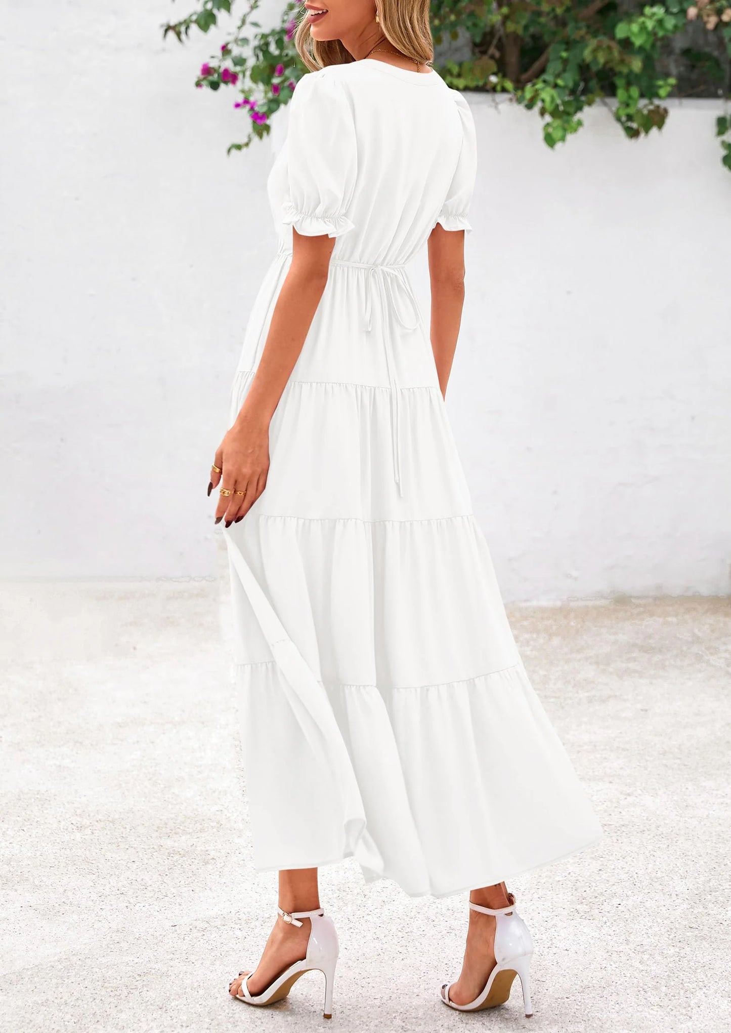 Women's Casual Short Sleeve V Neck Midi Dresses Spring A-line Tiered Wedding Guest Dress
