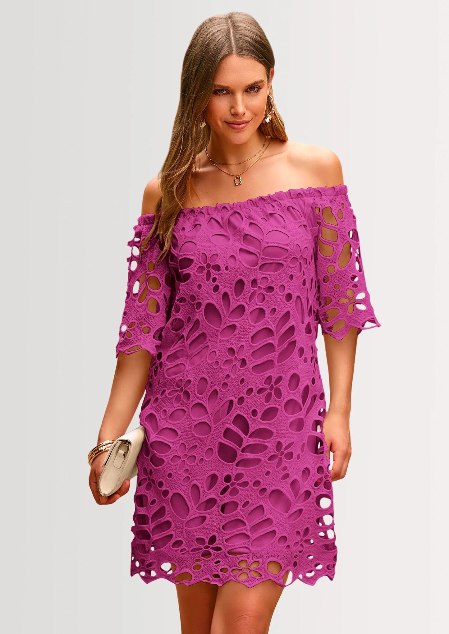 Women's Summer Off Shoulder Dresses Floral Lace Flare Short Sleeve Spring Vintage Elegant Mini Dress