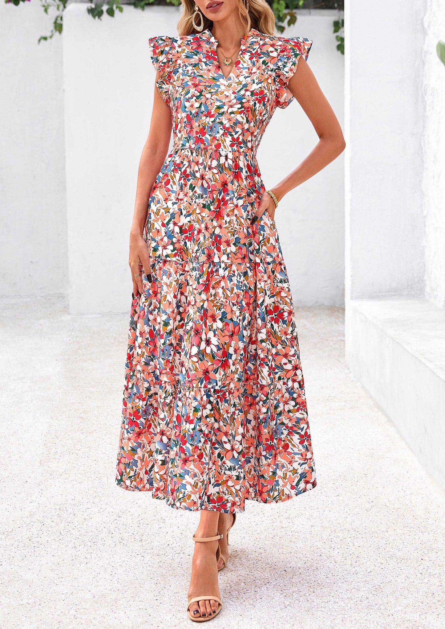 Women's Summer Floral Midi Dress Cap Sleeve V Neck Ruffle Long Flowy Boho Casual Beach Vacation Dresses