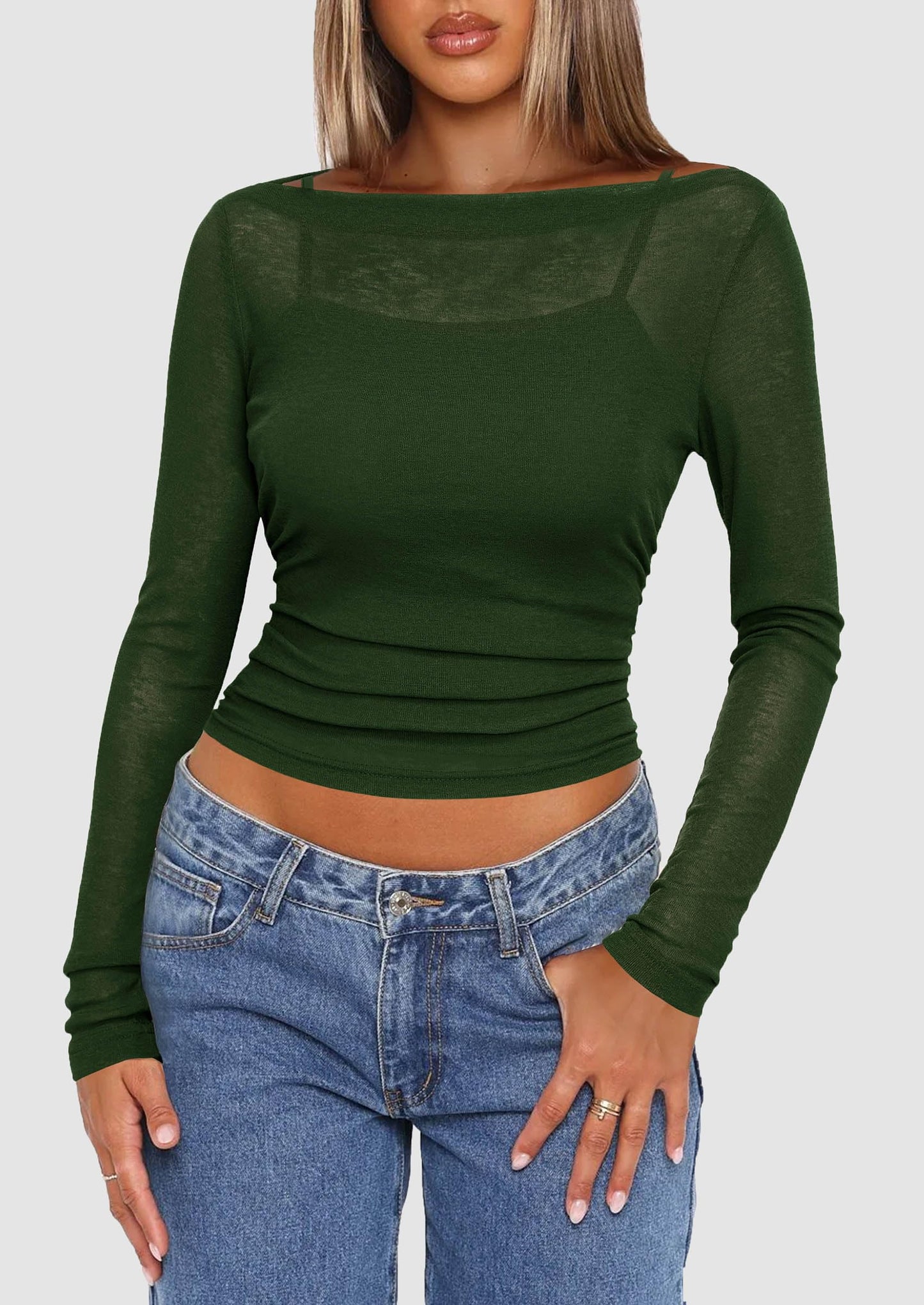 Women's Long Sleeve Sheer Crop Tops Boat Neck See Through Cover Up with Spaghetti Strap Camisole 2 Piece Blouses