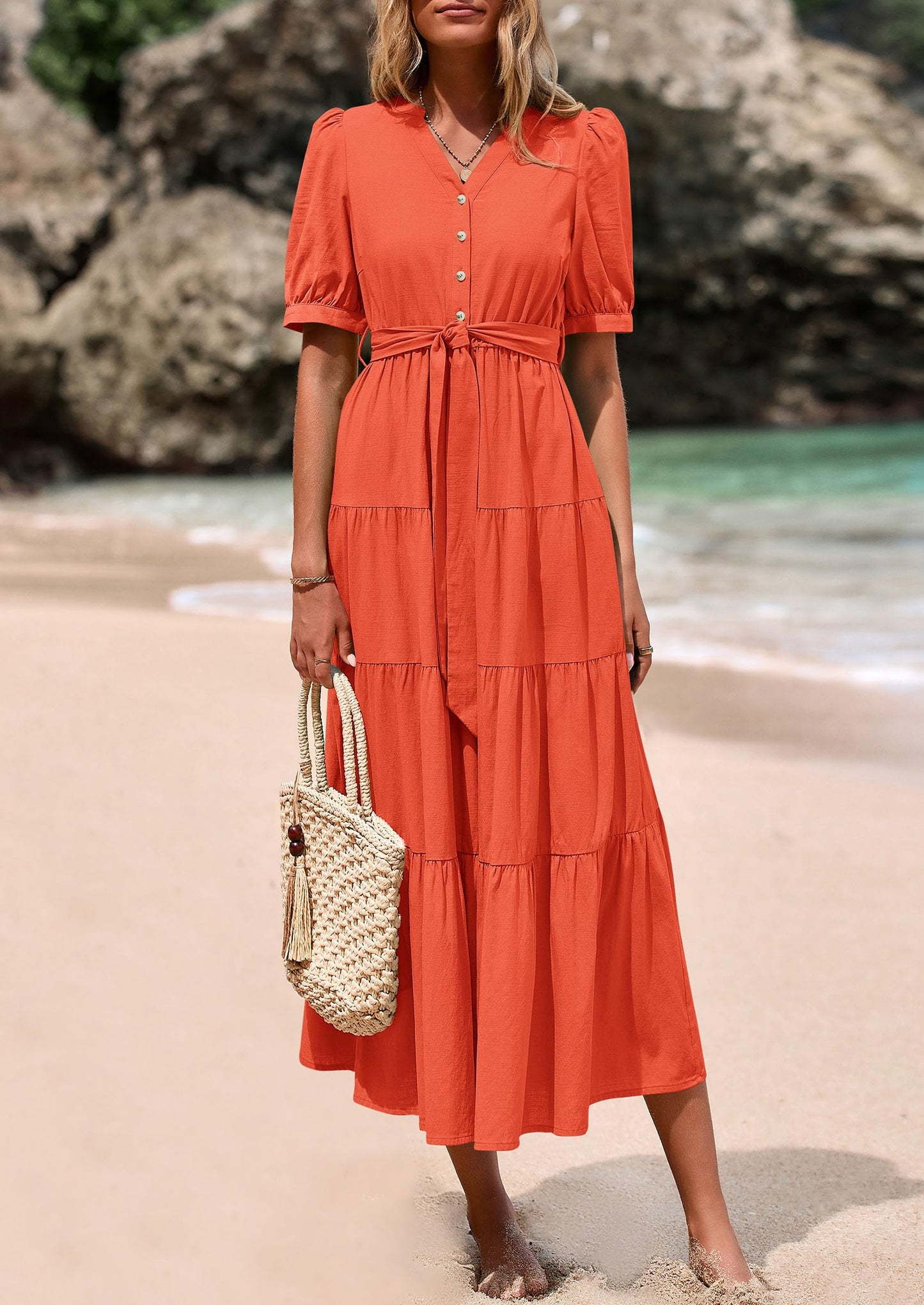 Women's Midi Dress Casual Short Sleeve V Neck Buttons Belted Ruffle A Line Flowy Dress with Pockets