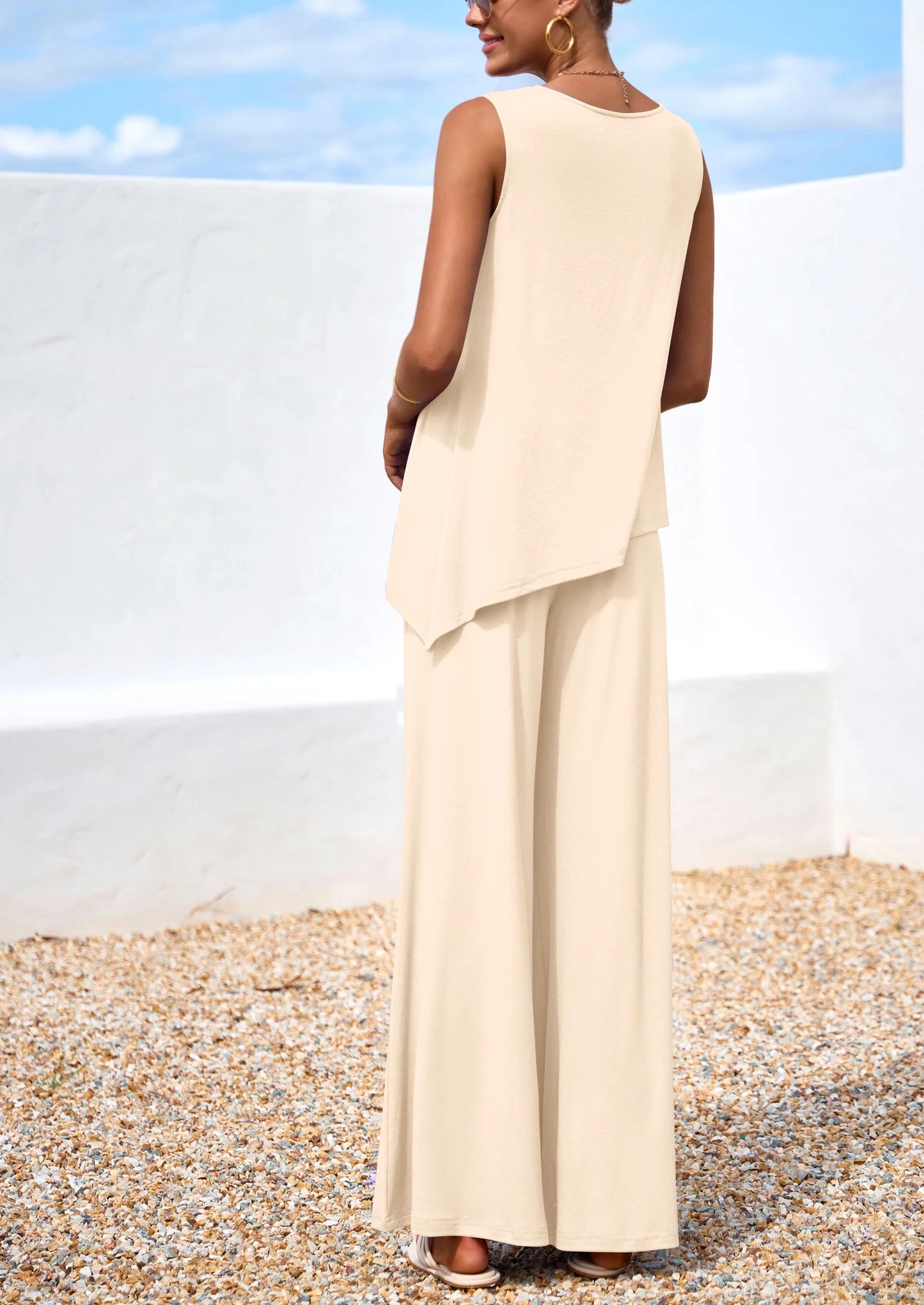 Women's Two Piece Matching Lounge Sets Asymmetrical Split Tank Tops Wide Leg Pants Summer Outfits Tracksuit