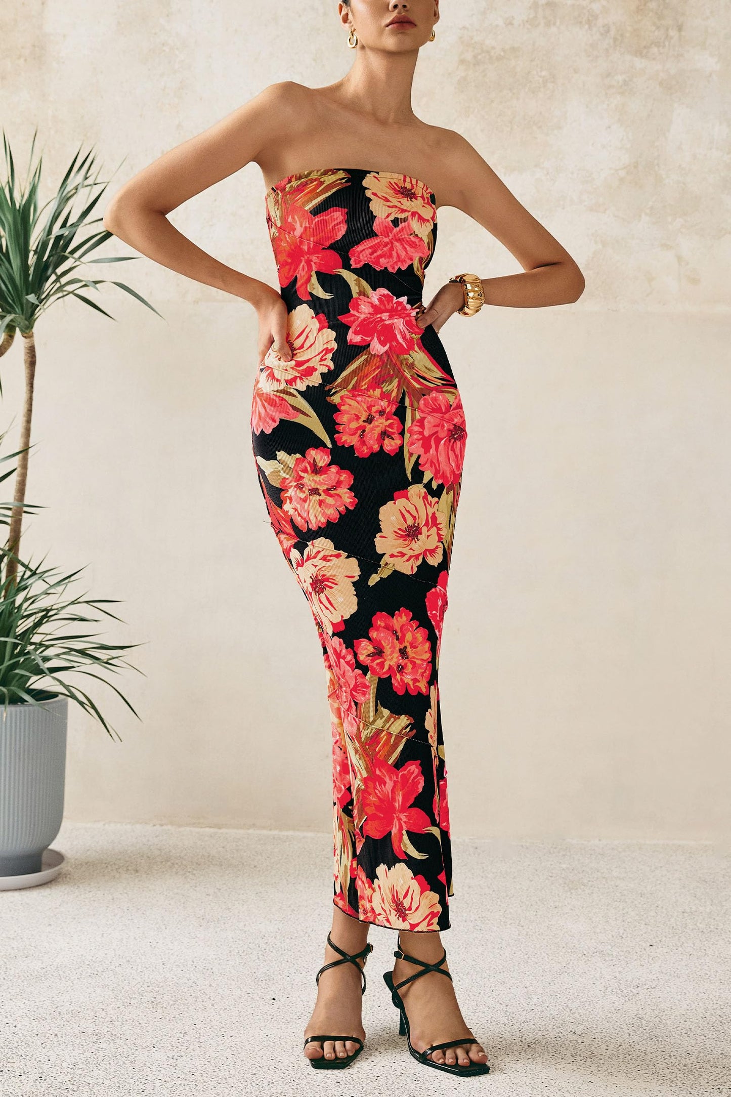 Women's Floral Bodycon Maxi Dresses Ribbed Strapless Tube Casual Boho Party Long Dress