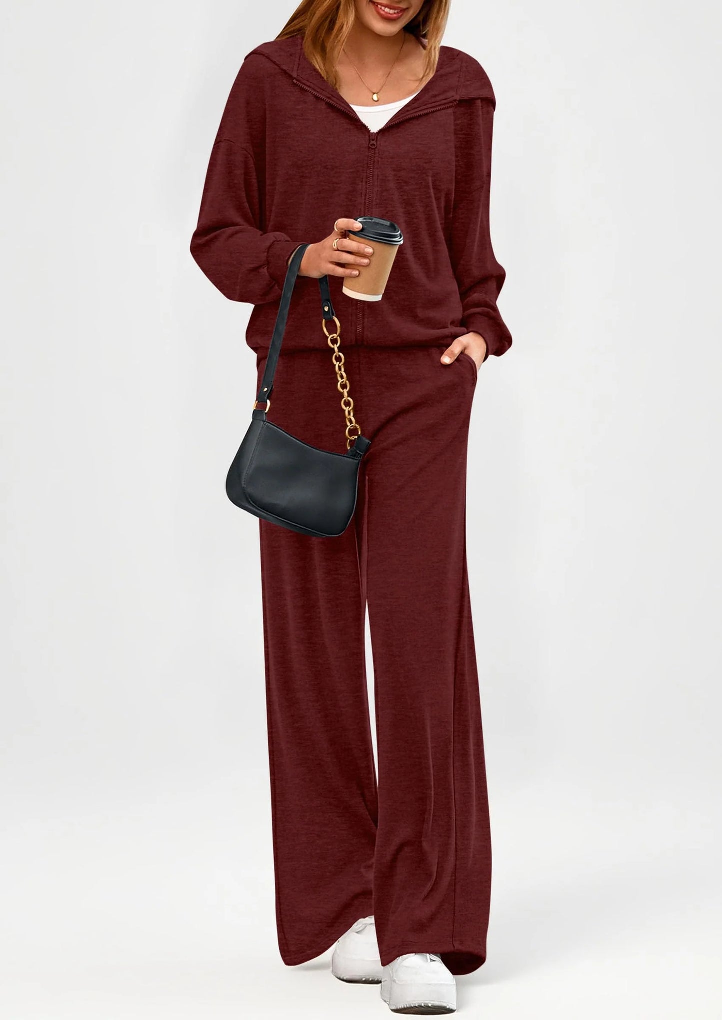 Women's 2 Piece Fall Lounge Sets Zip Up Hoodie Wide Leg Pants Tracksuit Matching Travel Outfits Clothes