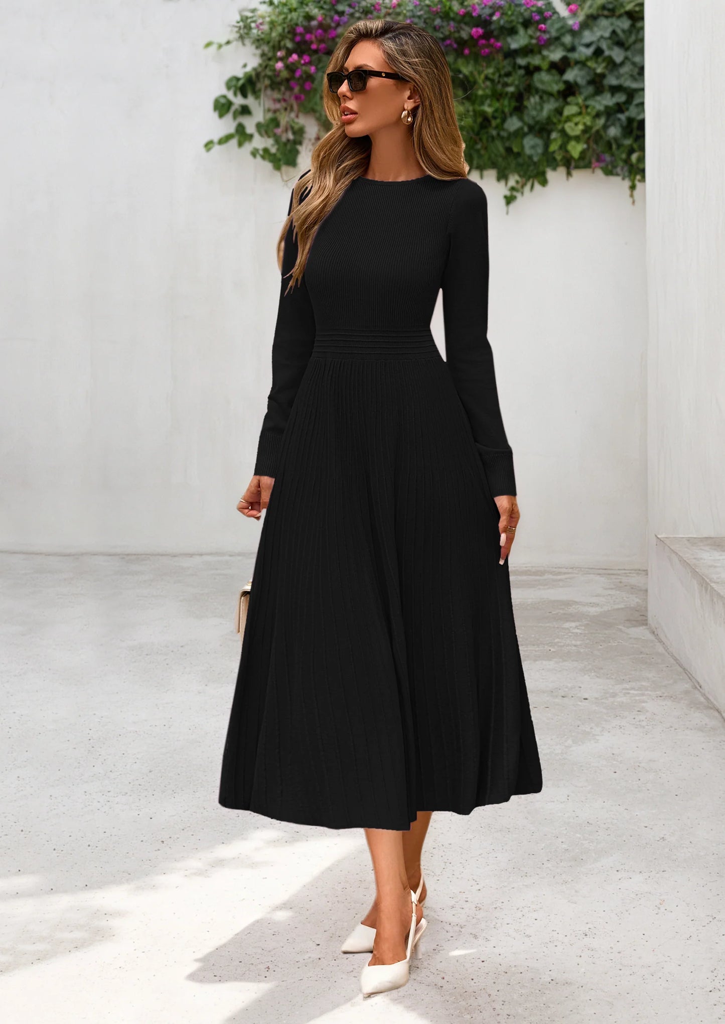 Women's Long Sleeve Midi Sweater Dress Fall Crewneck Knit A Line Pleated Wedding Guest Winter Dresses