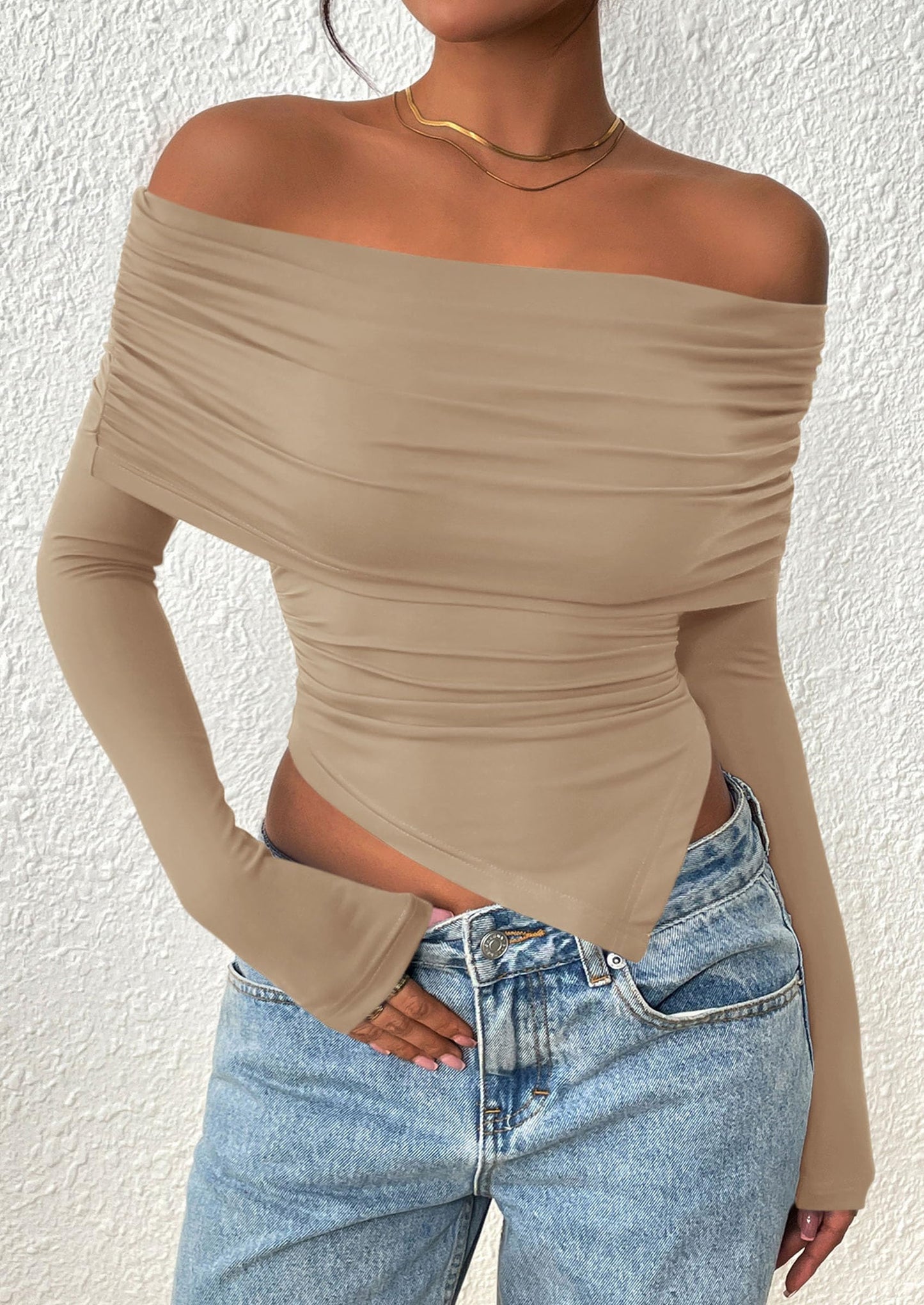 Women's Long Sleeve Shirts Off Shoulder Tops Going Out Slim Fitted Y2K Blouses Fall Fashion Clothes