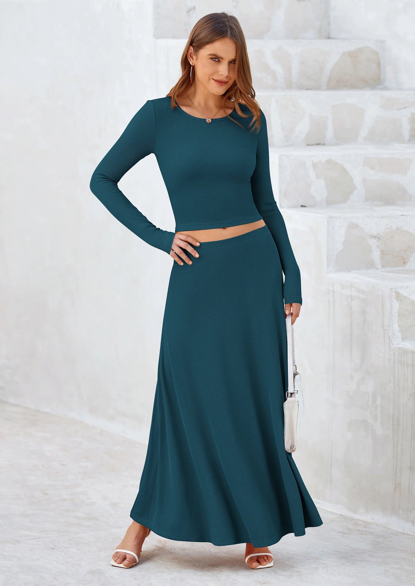 2 Piece Casual Ribbed Knit Long Sleeve Crop Tops Maxi Flowy Skirts Matching Sets