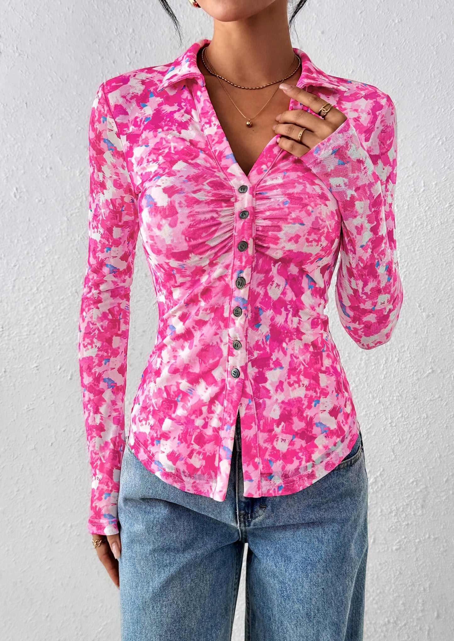 Women Button Down Floral Shirts Fall Trendy Long Sleeve V Neck Ruched Fitted Mesh Blouse Tops Date Outfits