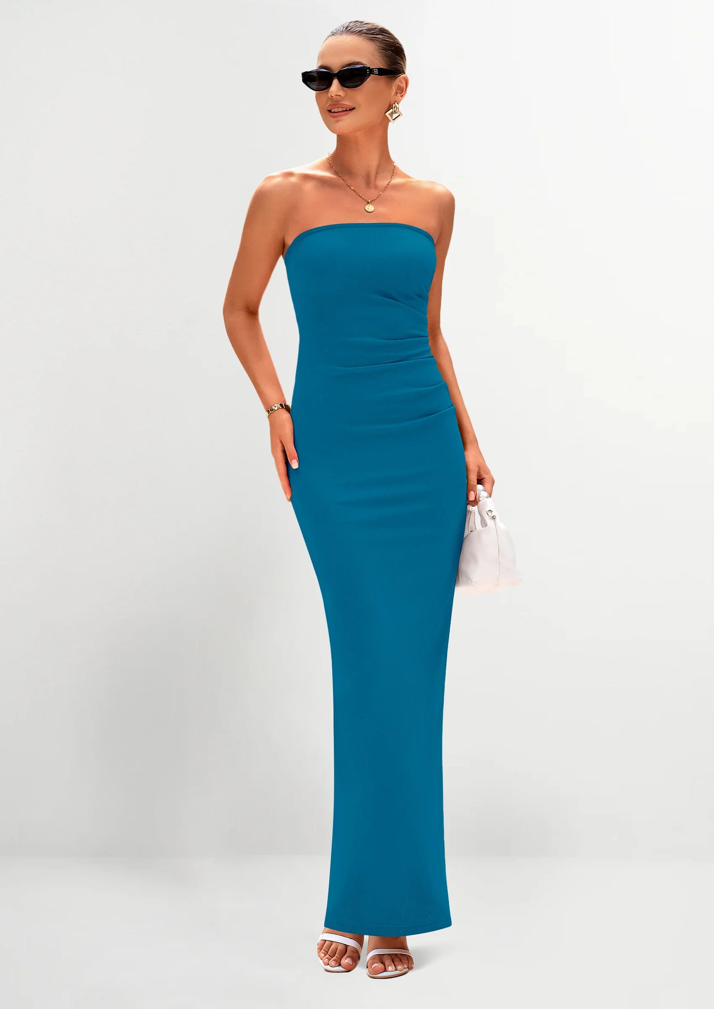 Women's Semi Formal Cocktail Dresses Strapless Tube Bodycon Ruched Evening Wedding Guest Maxi Dress
