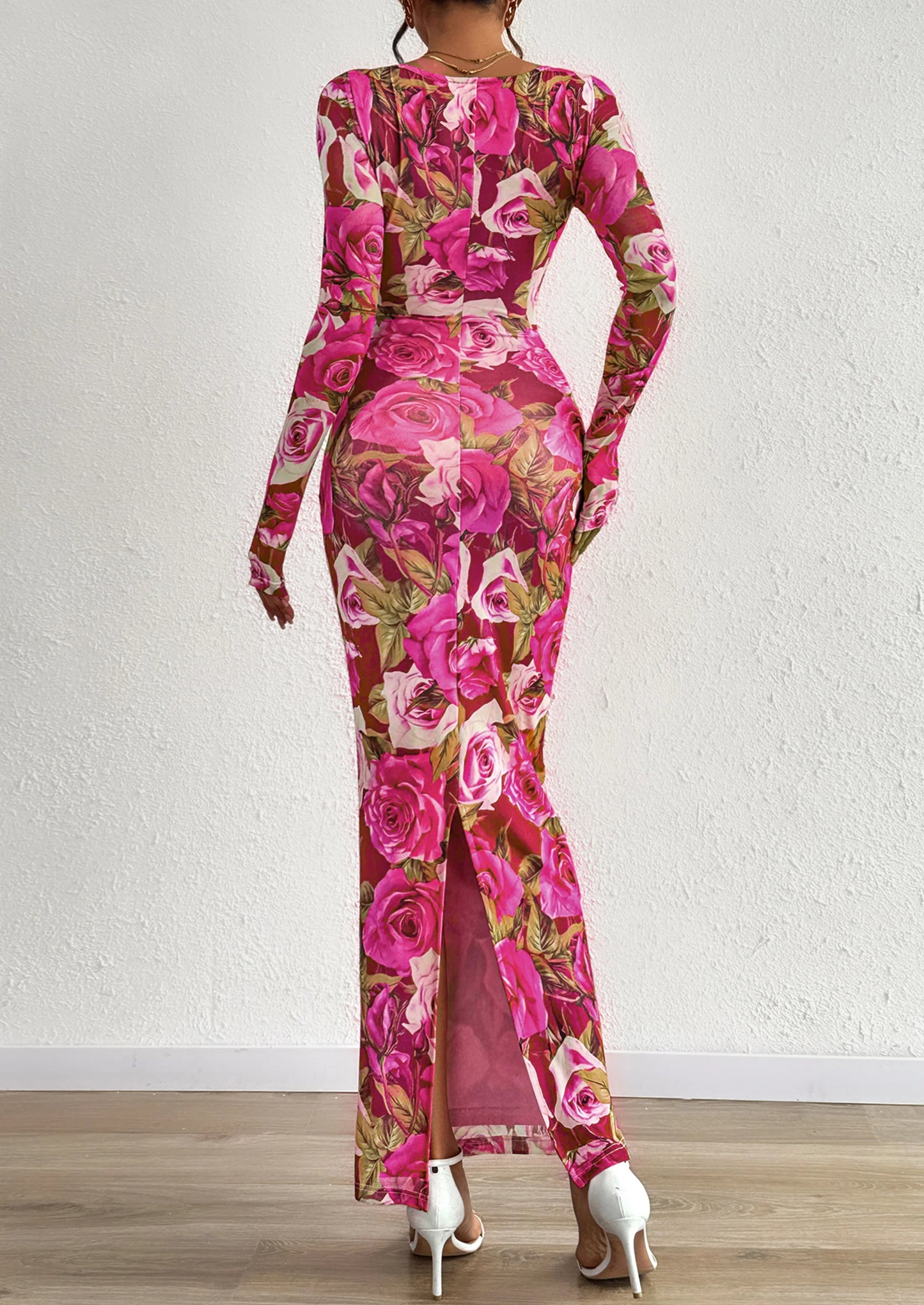 Bodycon Maxi Dress Fall Floral Long Sleeve Sexy Mesh Cocktail Wedding Guest Long Dresses