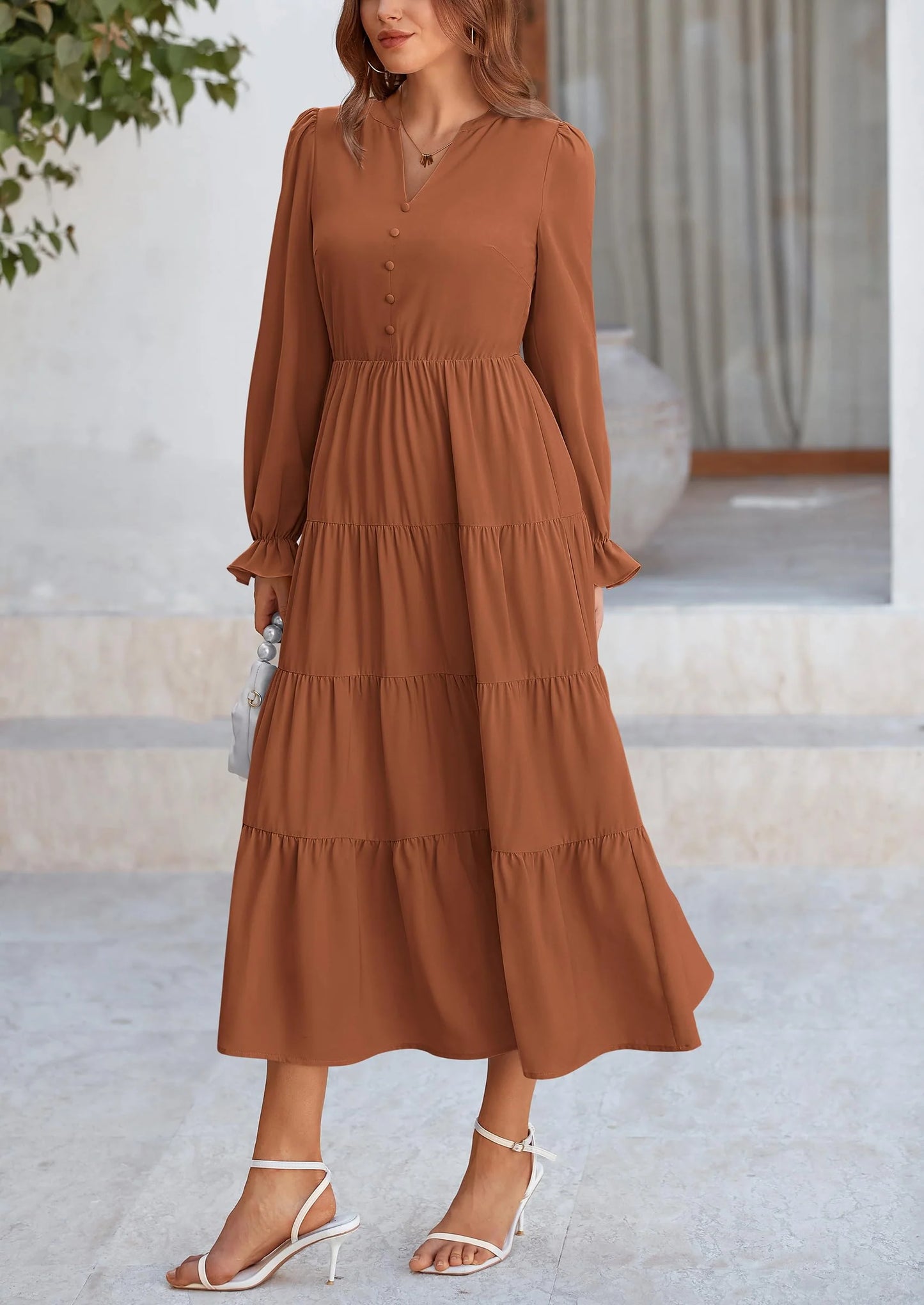 Women Fall Long Sleeve Smocked Maxi Dress Casual Square Neck Swiss Dot Tiered Ruffle Flowy Spring Pocket Dresses