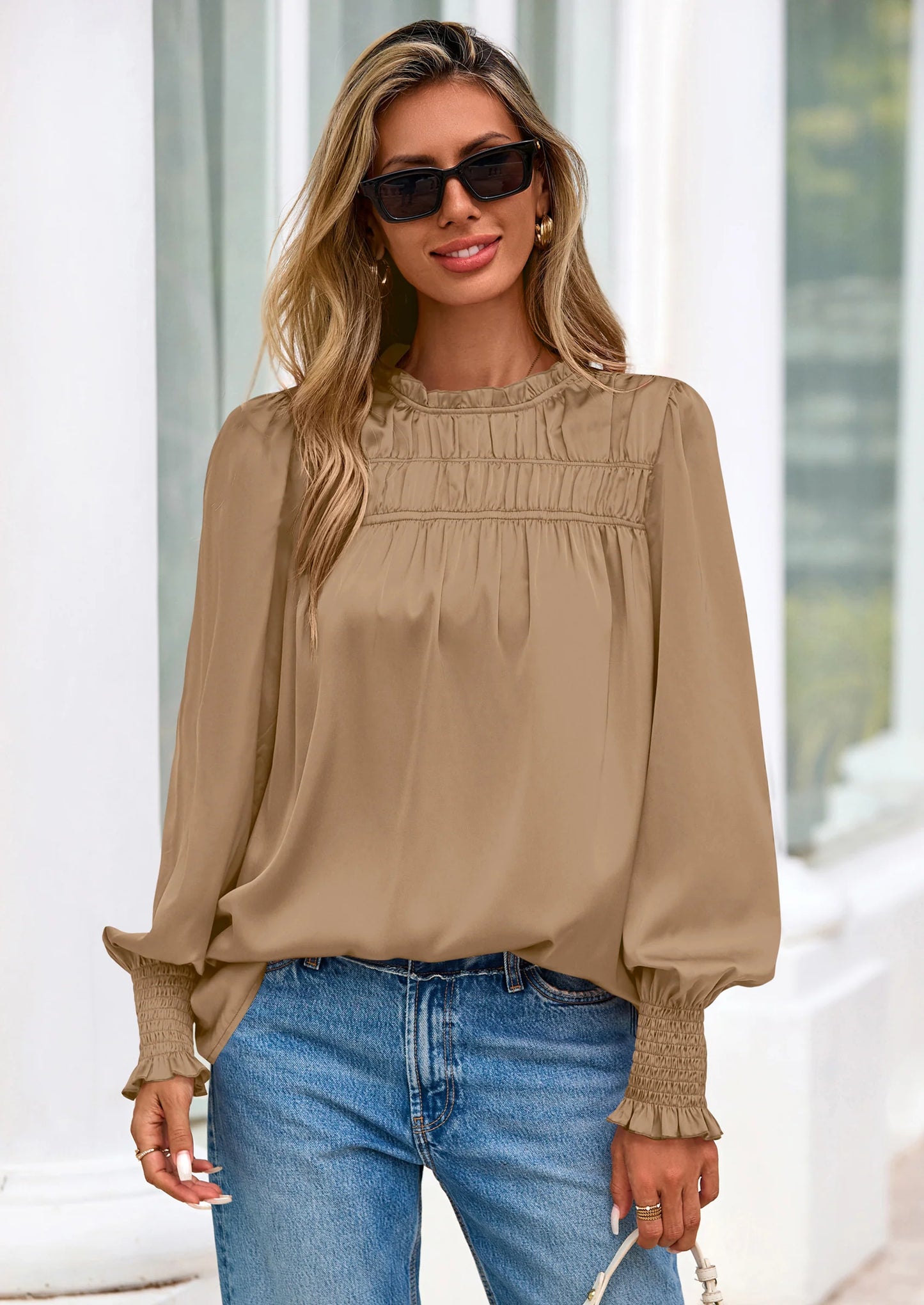 Blouses for Women Dressy Casual Fall Outfits Frill Neck Long Sleeve Shirts Satin Work Business Casual Tops