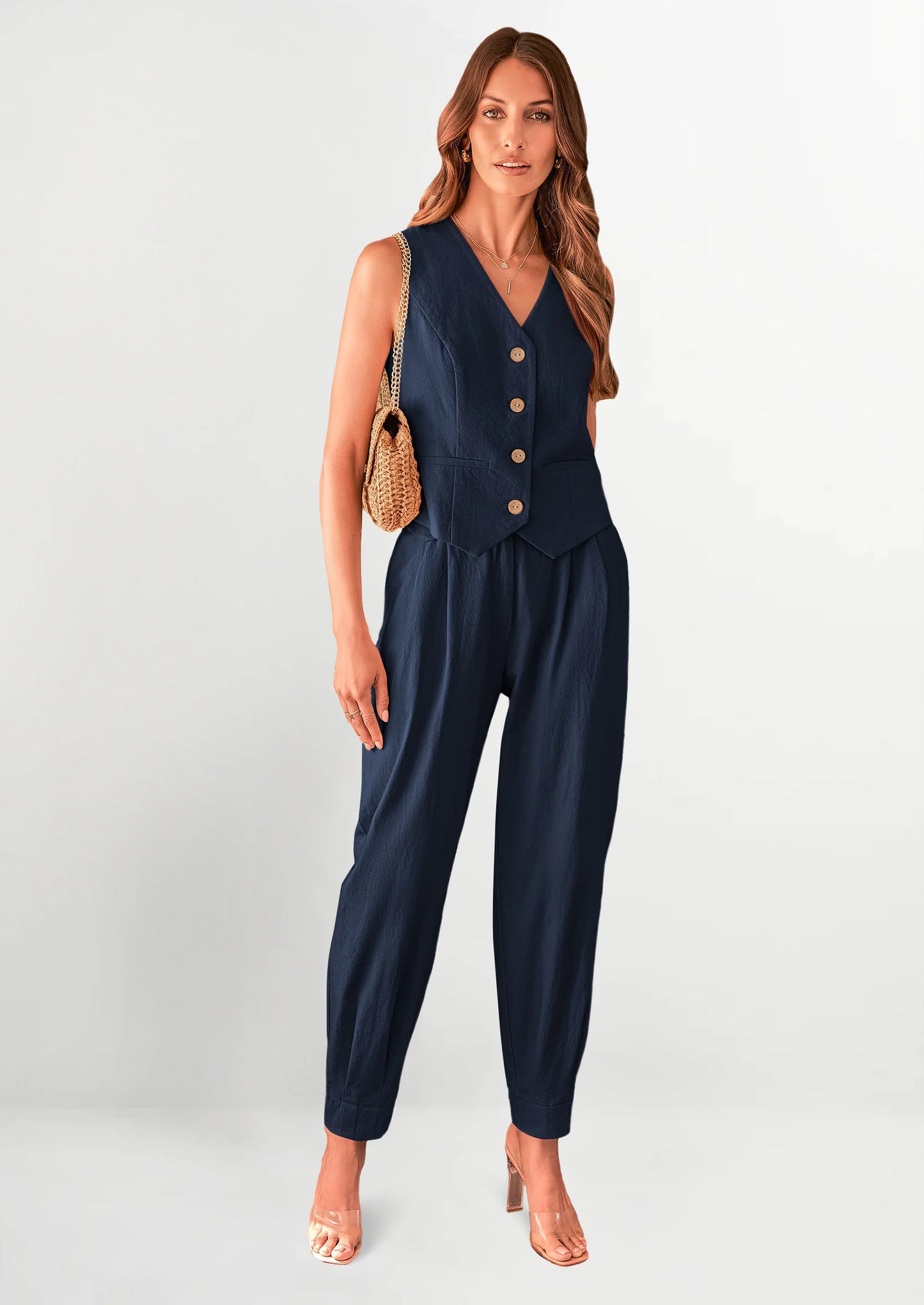 Two Piece V Neck Button Front Cropped Tank Tops Vest Pockets Pants Cotton Sets