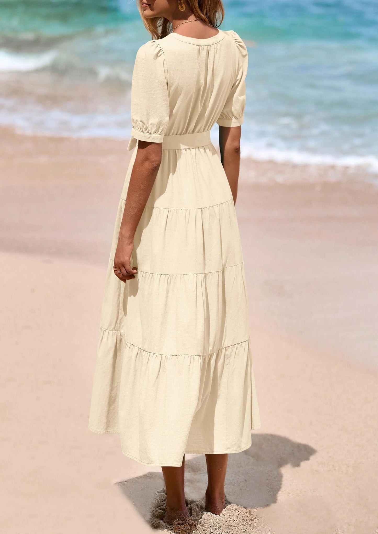 Women's Midi Dress Casual Short Sleeve V Neck Buttons Belted Ruffle A Line Flowy Dress with Pockets