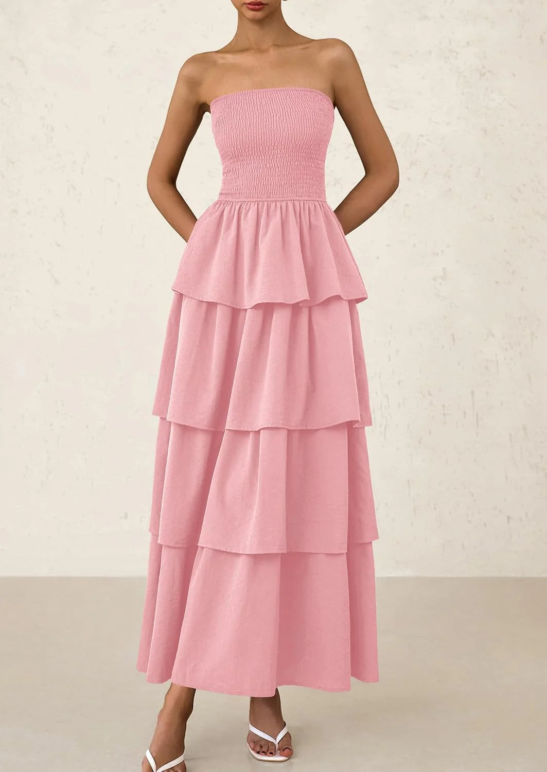 Maxi Dresses for Women Off Shoulder Smocked Tiered Ruffle Long Flowy Wedding Guest Dress