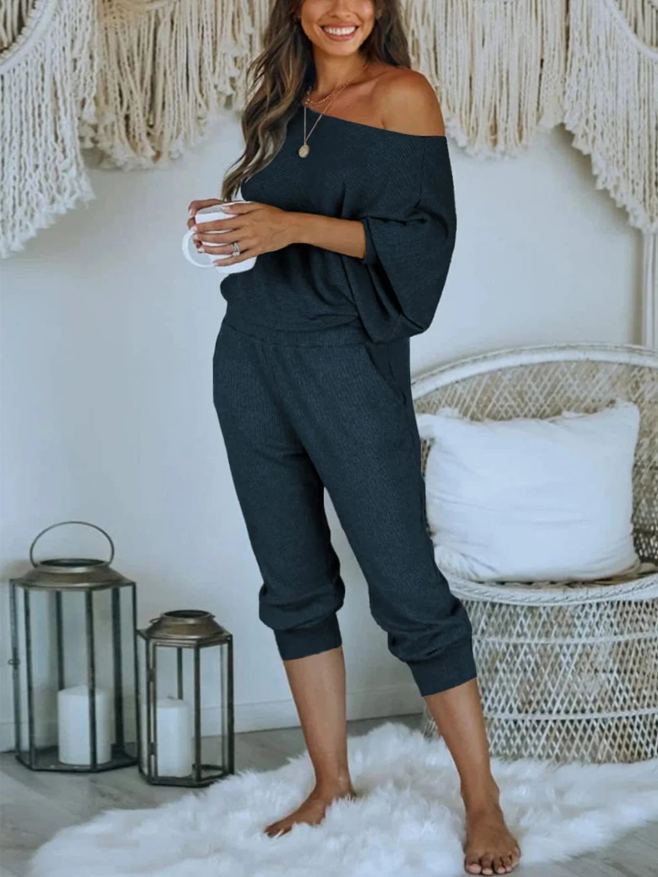 Women's 2 Piece Ribbed Tracksuit Outfits Off Shoulder Long Sleeve Pullover Lounge Pants with Pockets
