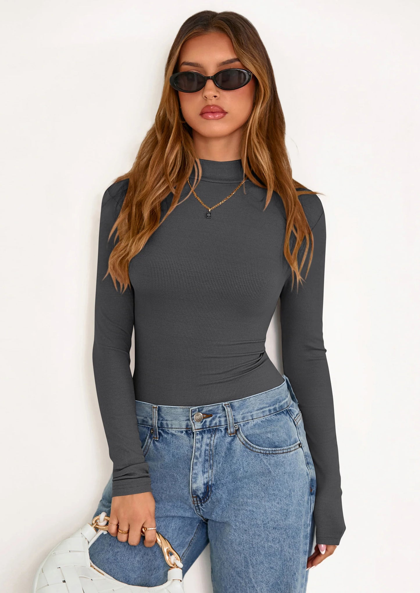 Women's Turtleneck Long Sleeve Shirts Fall Basic Tees Ribbed Fitted Tops Thermal Layering Knit Top Clothes